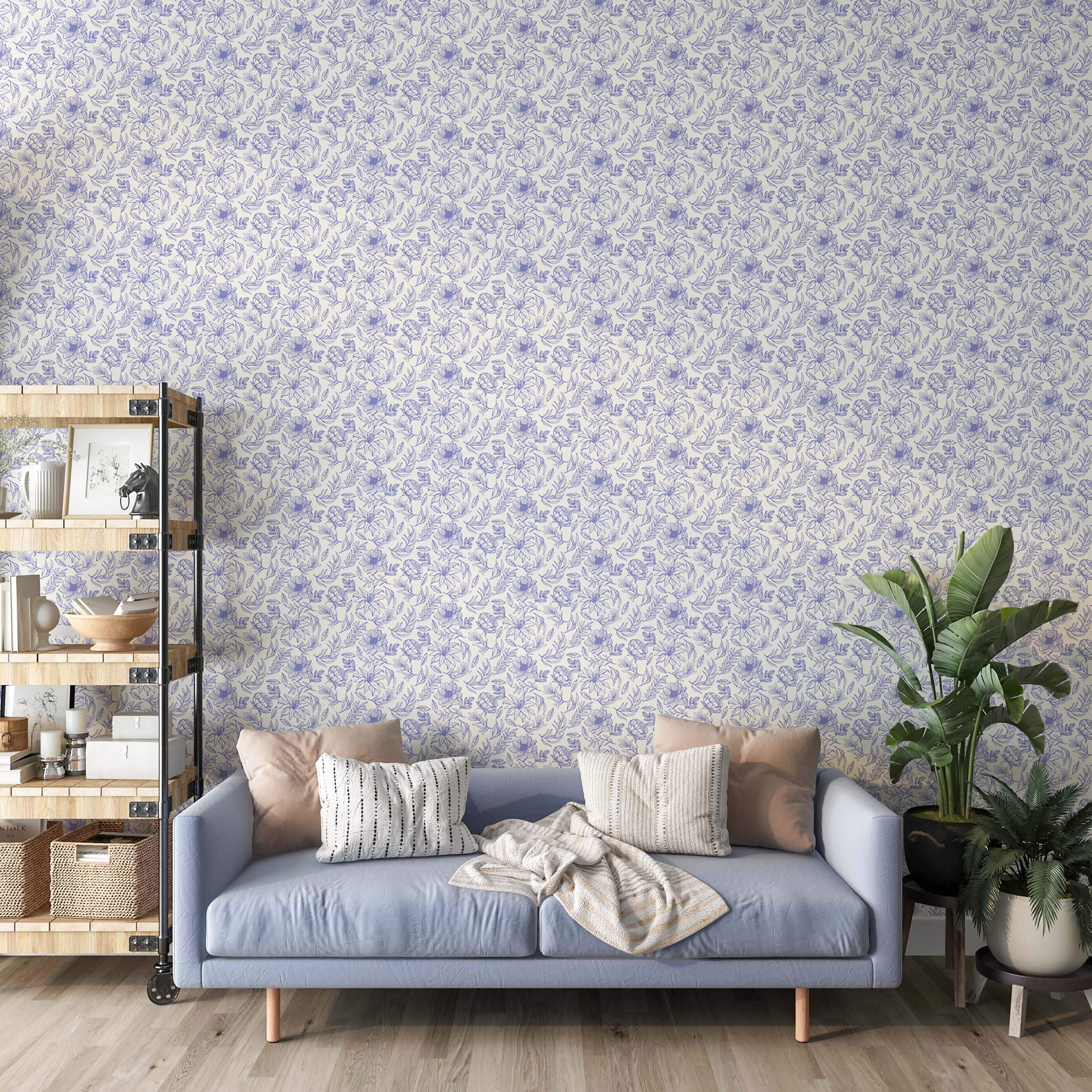 Blue floral line art wallpaper featuring various flowers and leaves densely patterned on a cream background.