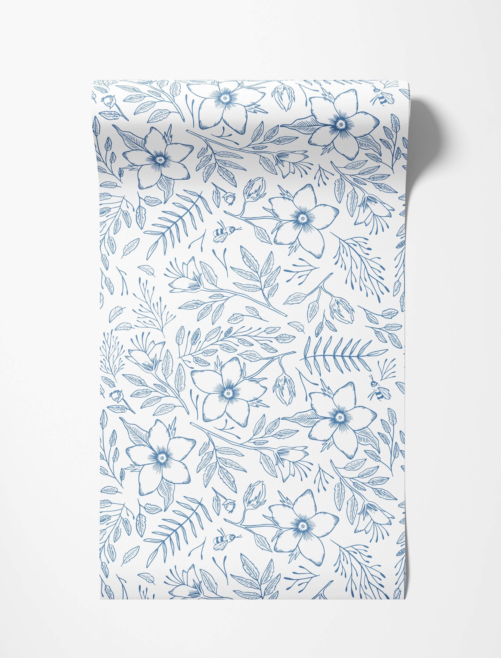 Blue line art wallpaper featuring a repeating pattern of stylized flowers, leaves, buds, and bees on a white background.