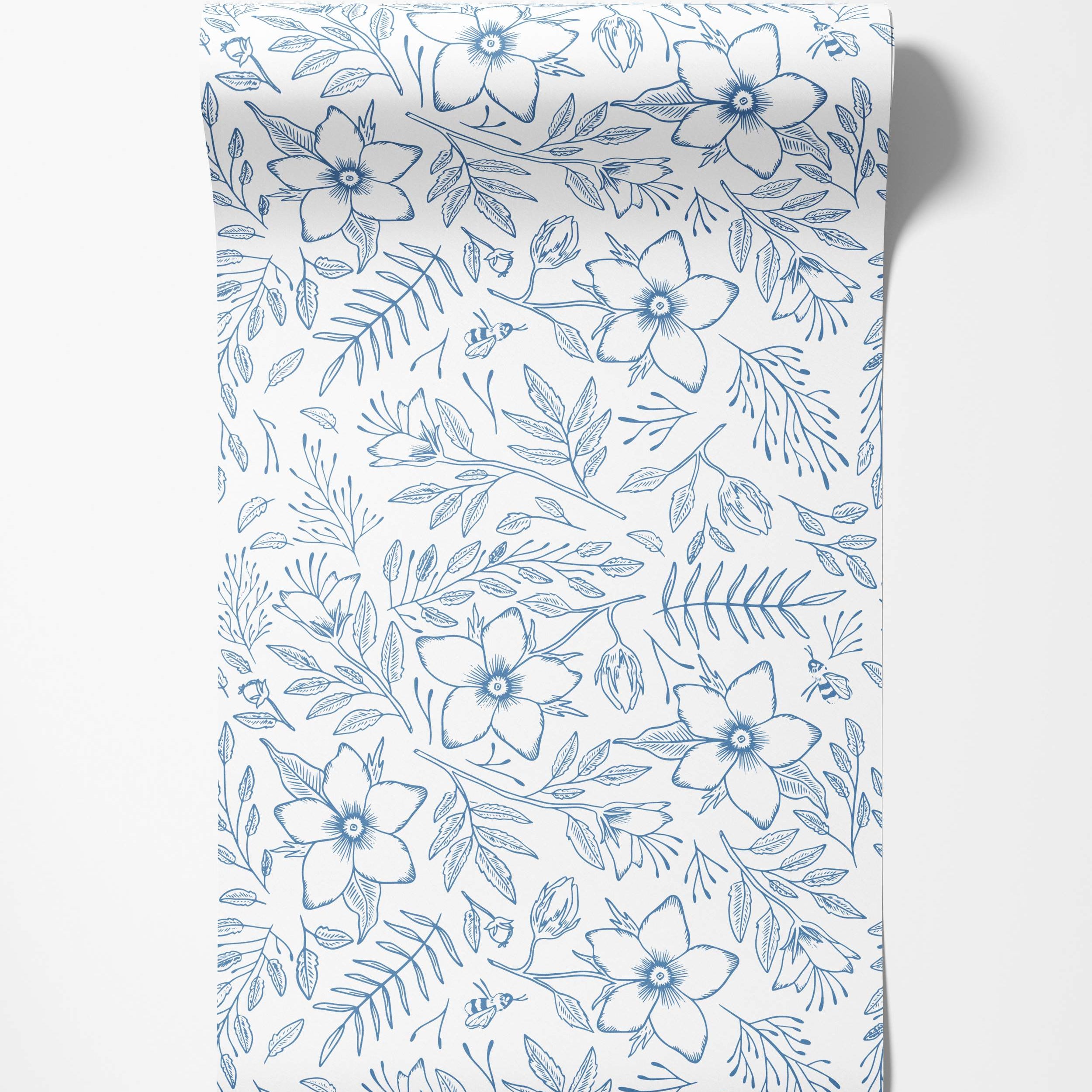 Blue line art wallpaper featuring a repeating pattern of stylized flowers, leaves, buds, and bees on a white background.