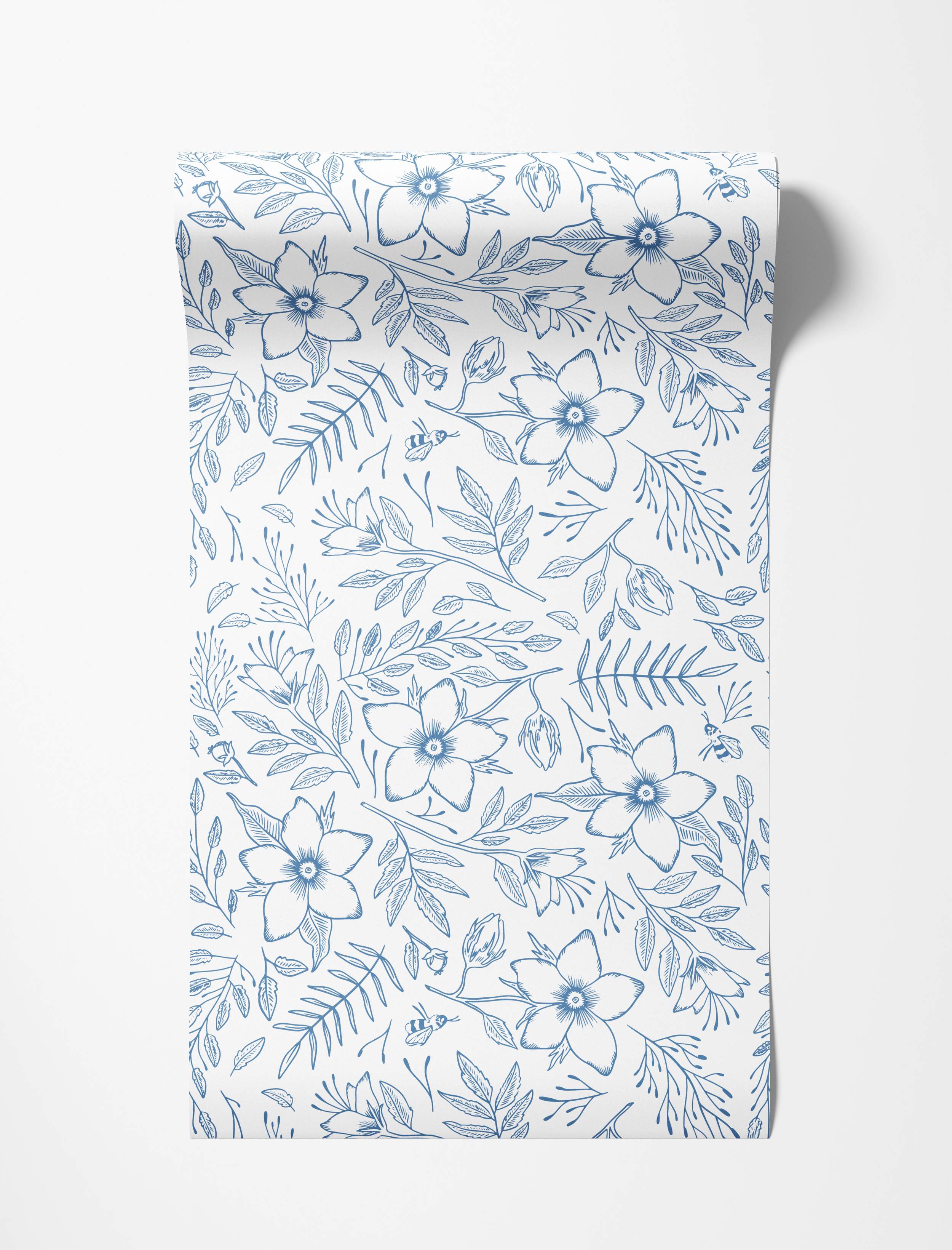 Blue line art wallpaper featuring a repeating pattern of stylized flowers, leaves, buds, and bees on a white background.