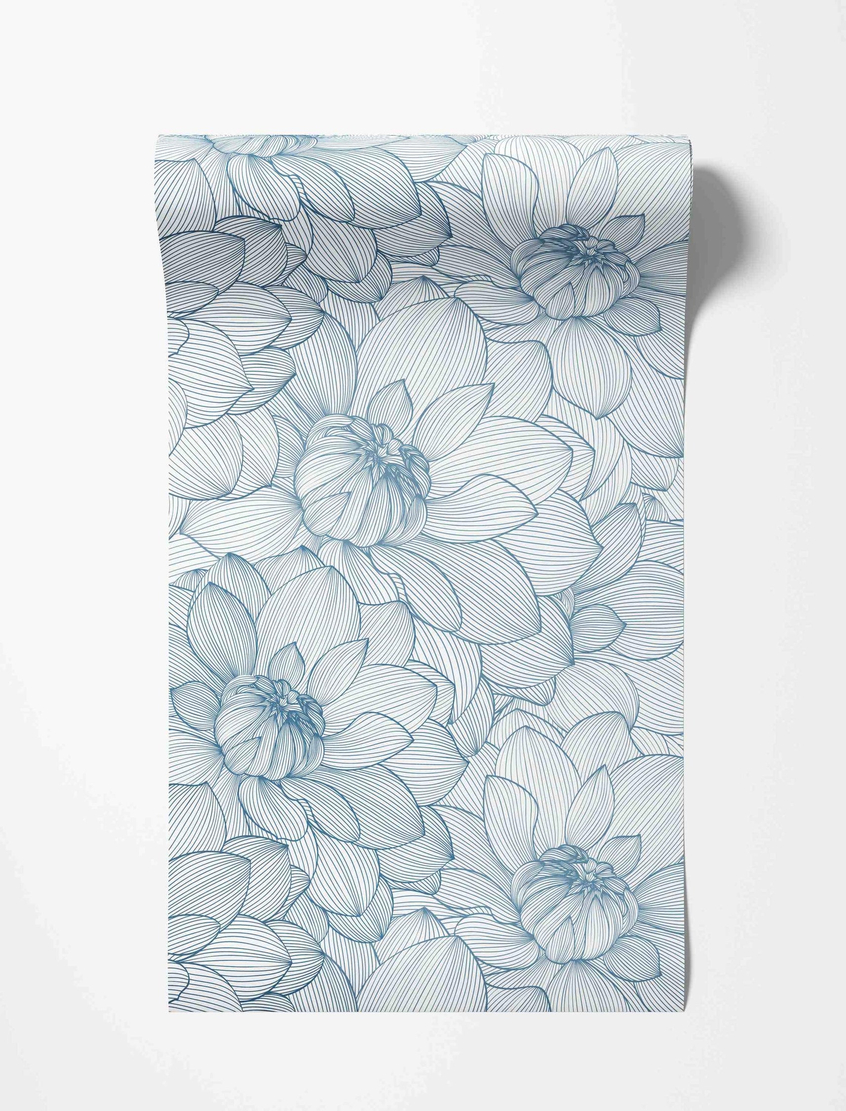 Blue line art floral wallpaper with large, overlapping stylized dahlia blooms on a white field.