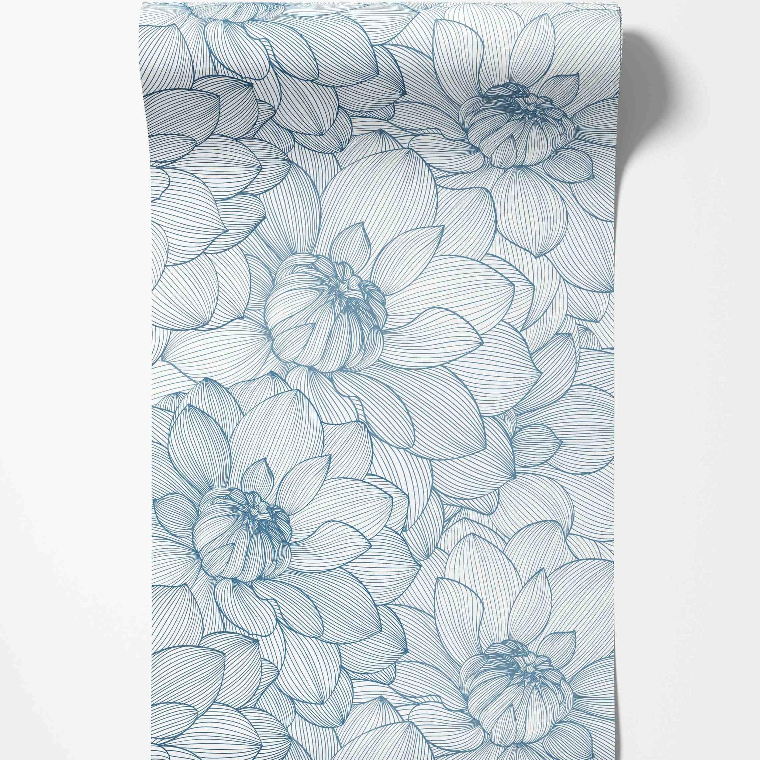 Blue line art floral wallpaper with large, overlapping stylized dahlia blooms on a white field.