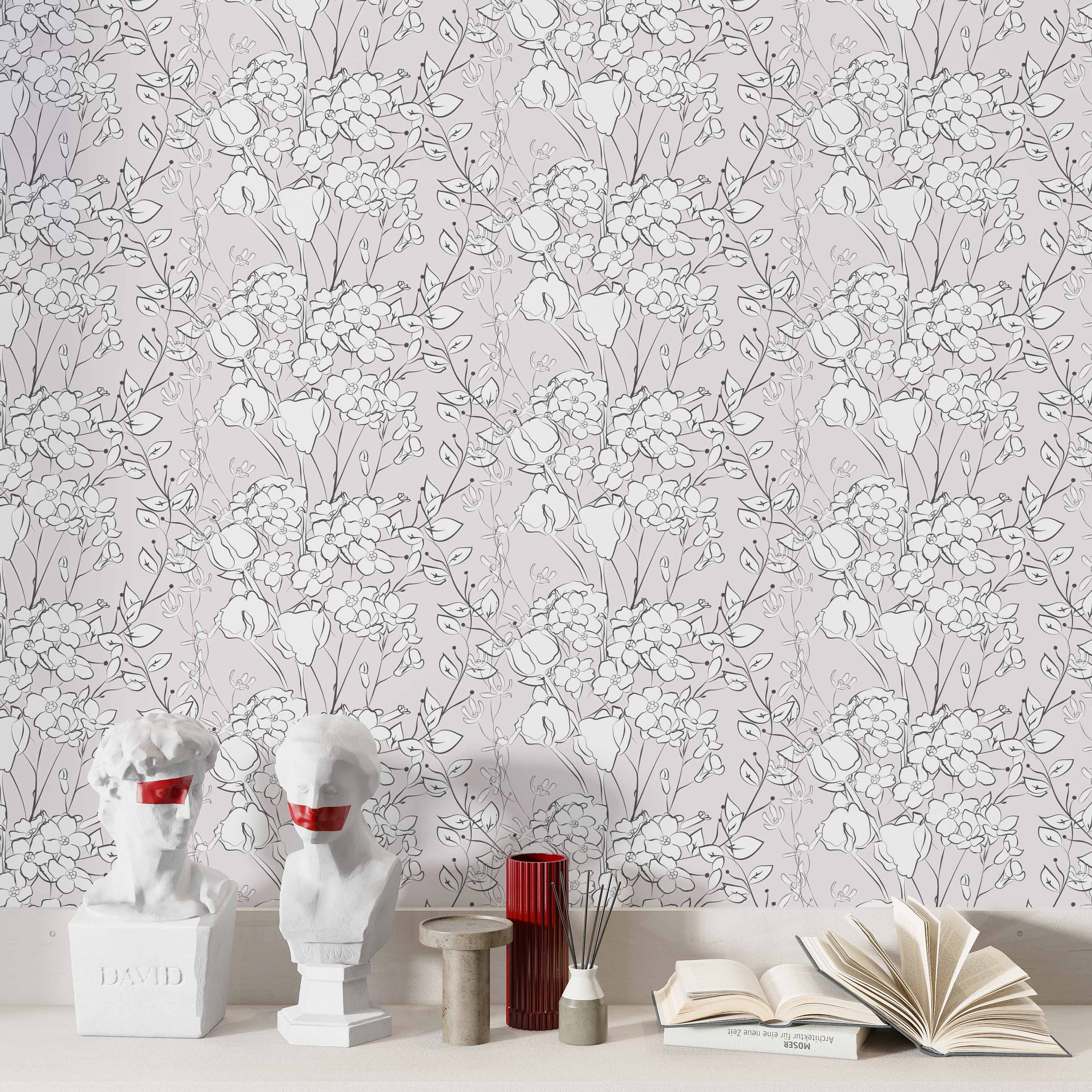 Pink wallpaper with a repeating pattern of black and white outlined flowers and leaves in a line art style.
