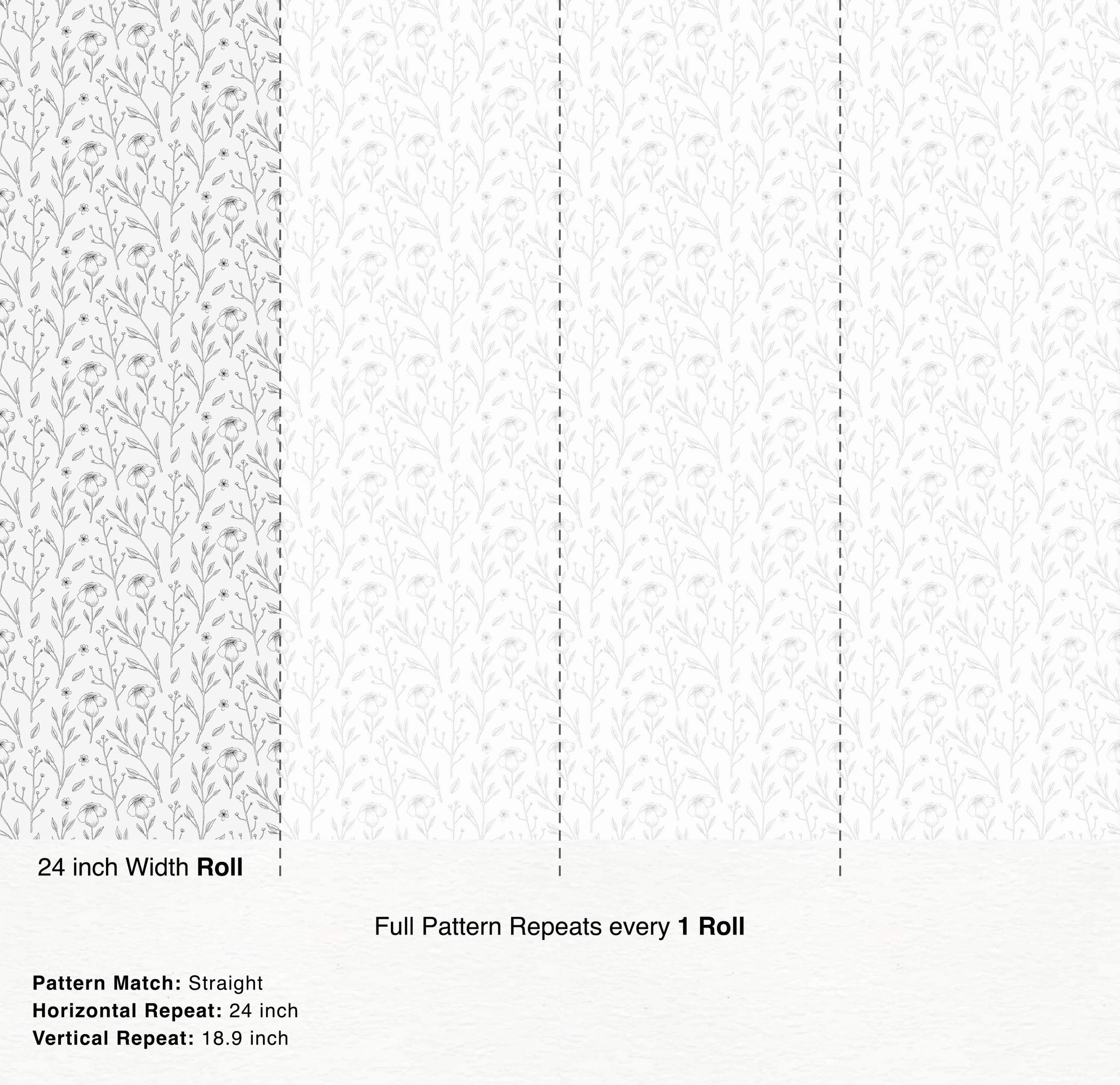 Delicate black floral line art wallpaper featuring stems and blossoms scattered across a white background.