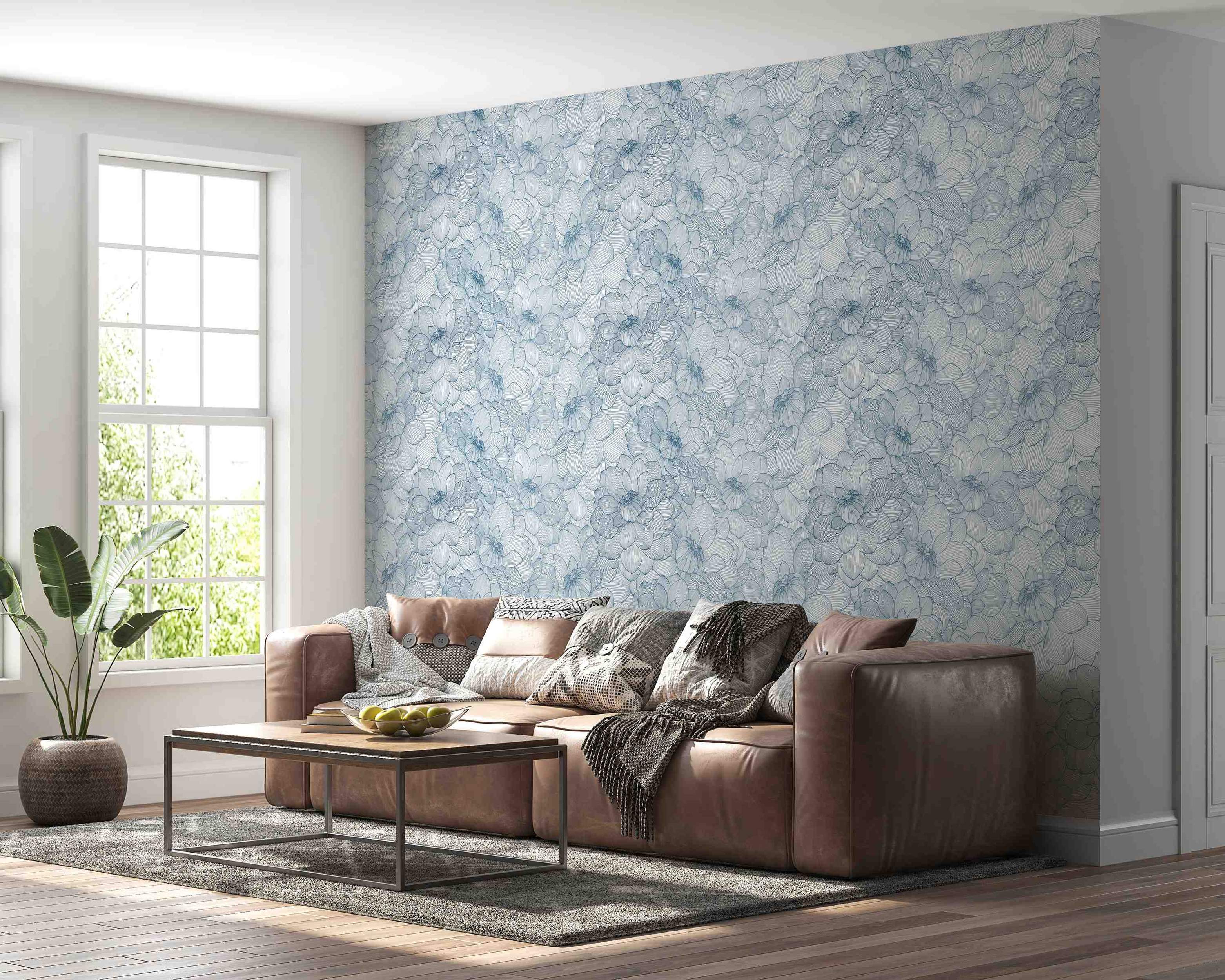 Wallpaper featuring large, overlapping flowers rendered in fine blue line drawings against a white background.