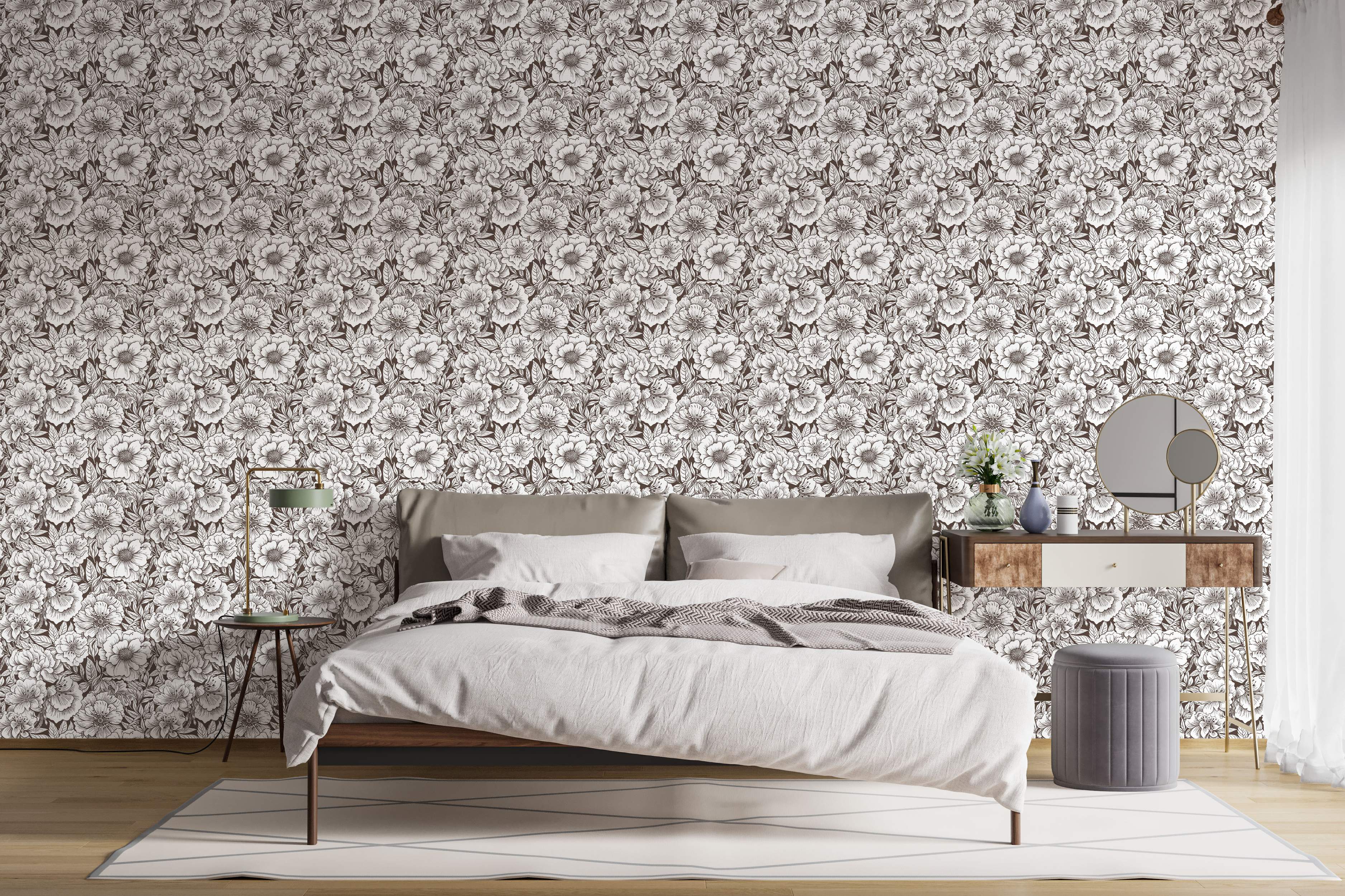 Wallpaper features a dense, repeating pattern of detailed, hand-drawn white flowers and leaves outlined in brown on a dark brown background.