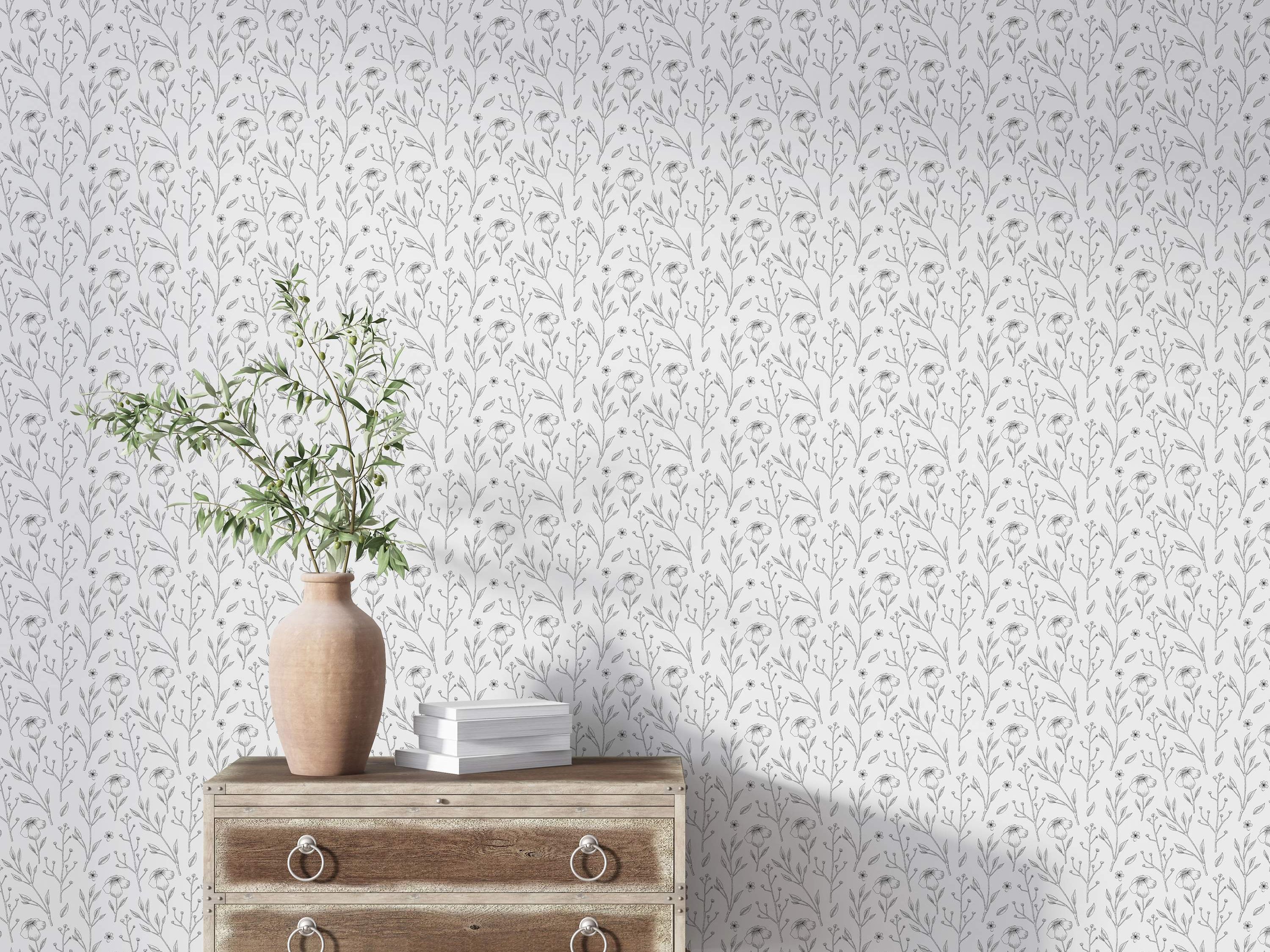 Wallpaper featuring a delicate gray line drawing of floral stems, leaves, and blossoms on a white background.