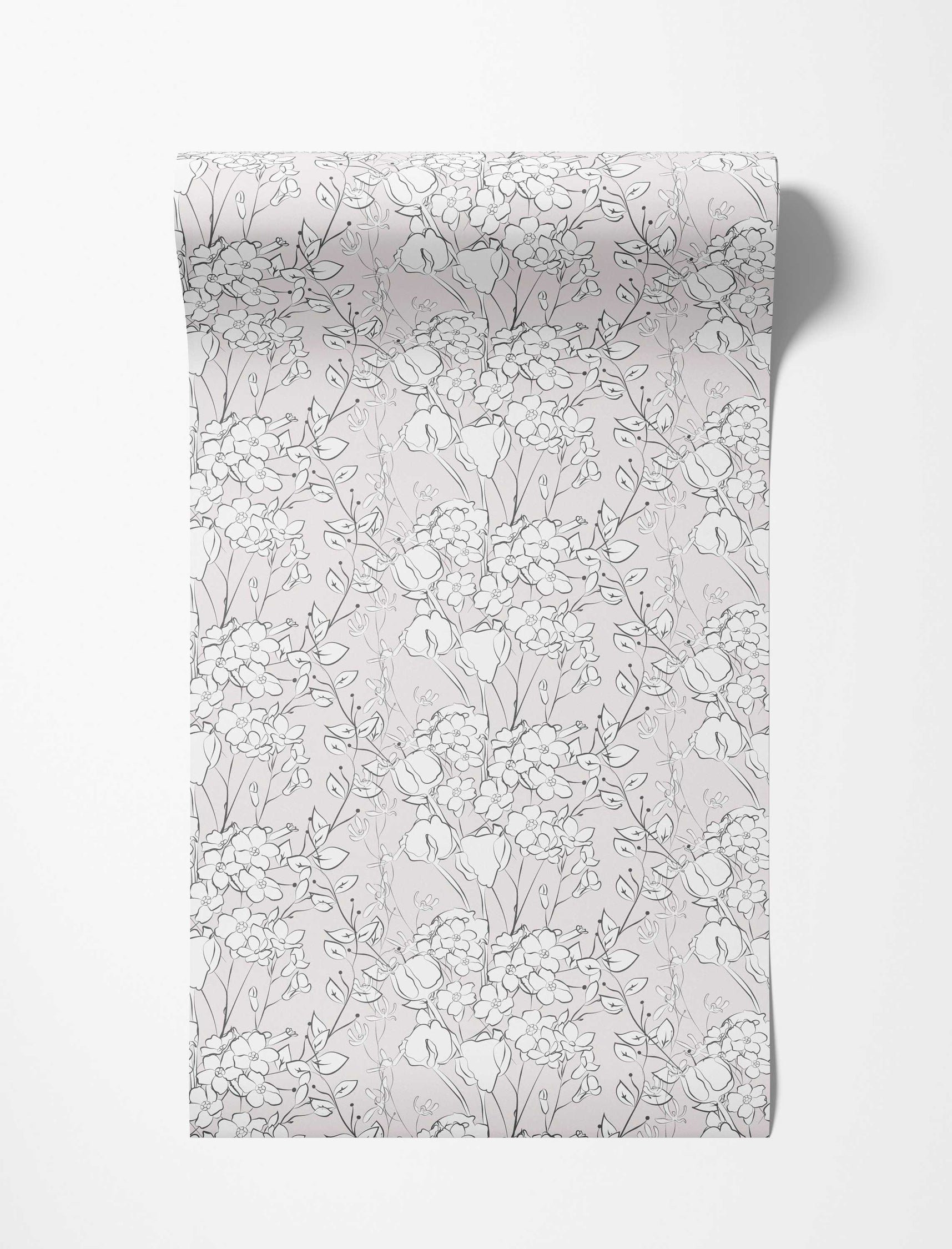 Delicate black and grey floral line drawing wallpaper featuring various flowers and leaves on a pale pink background.