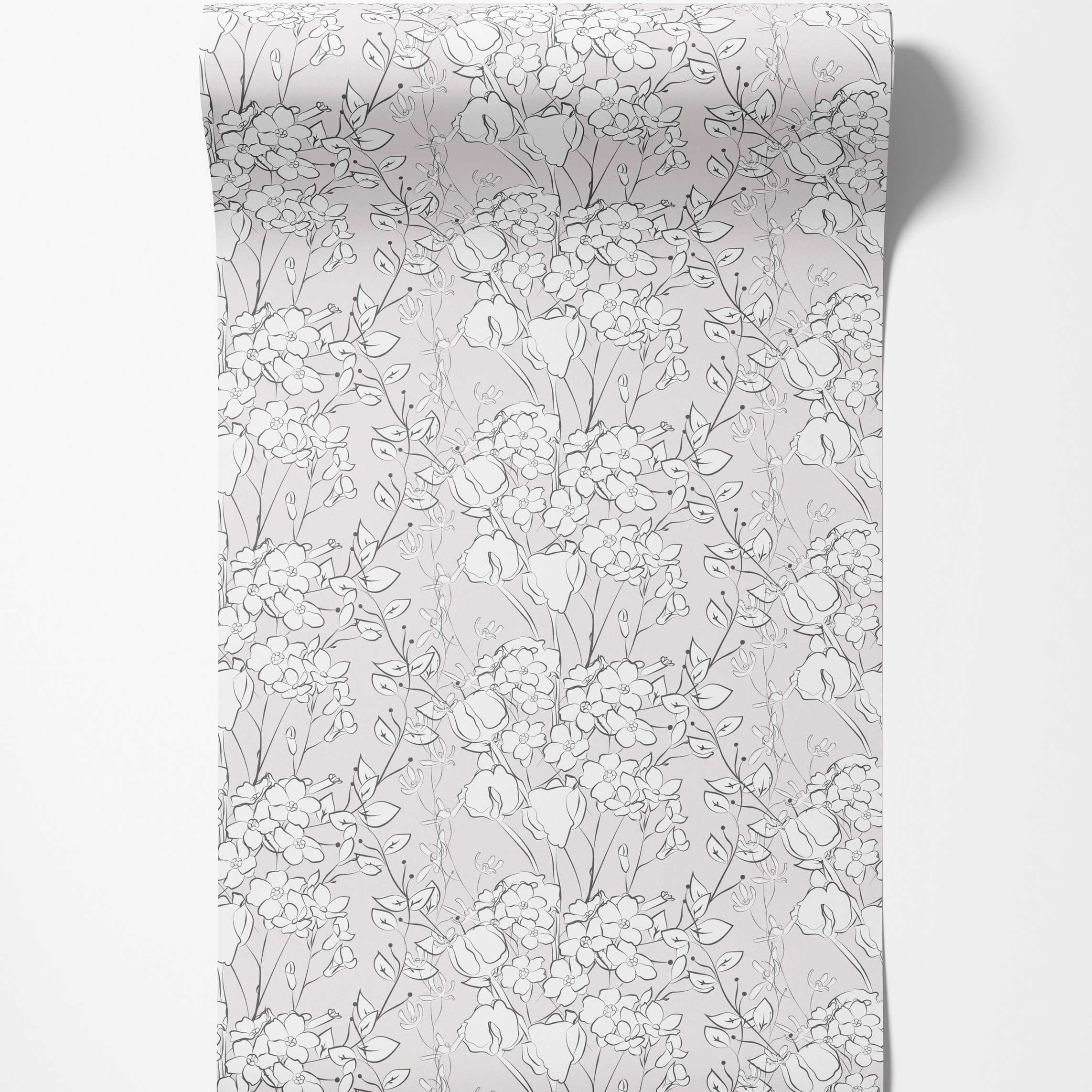 Delicate black and grey floral line drawing wallpaper featuring various flowers and leaves on a pale pink background.
