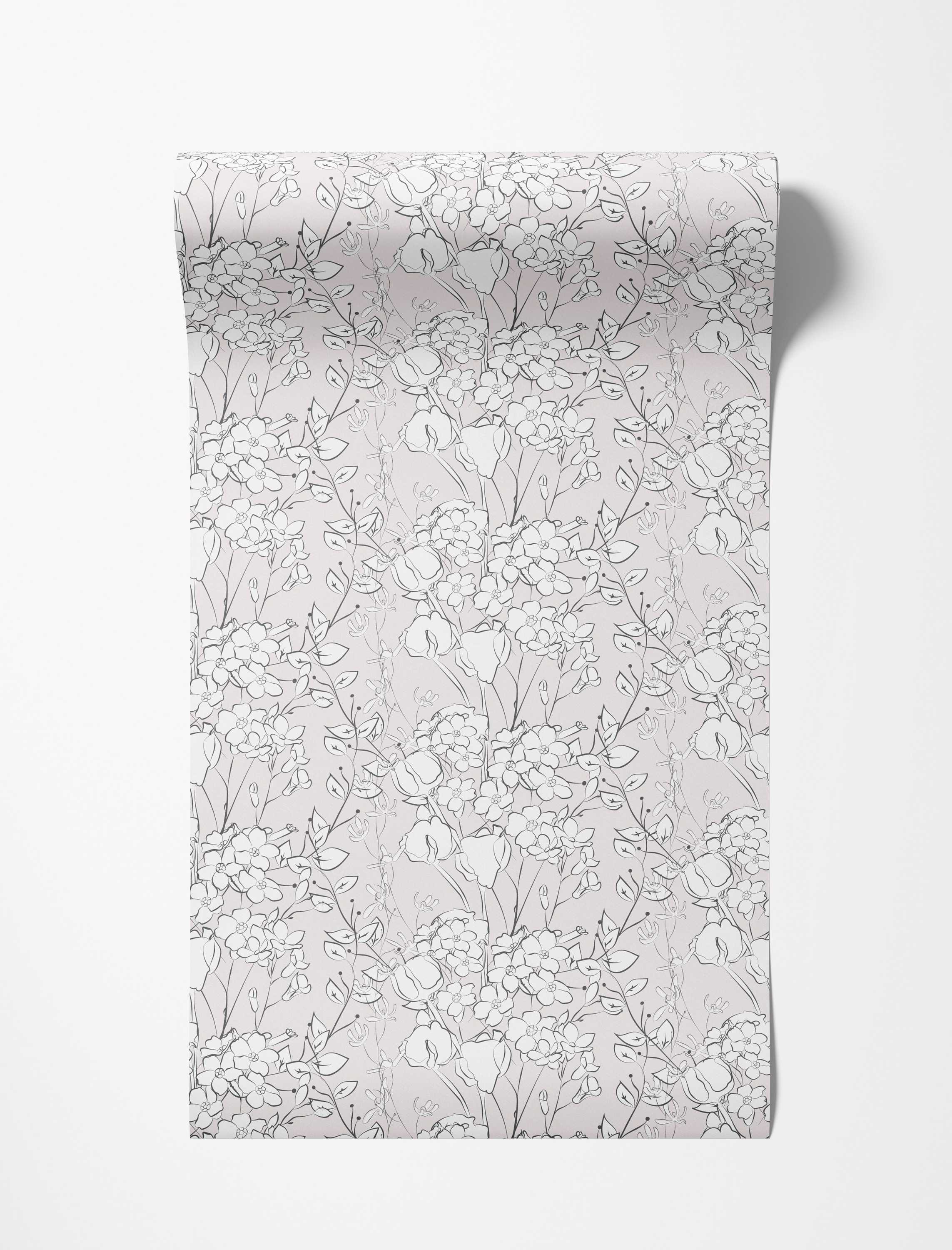 Delicate black and grey floral line drawing wallpaper featuring various flowers and leaves on a pale pink background.