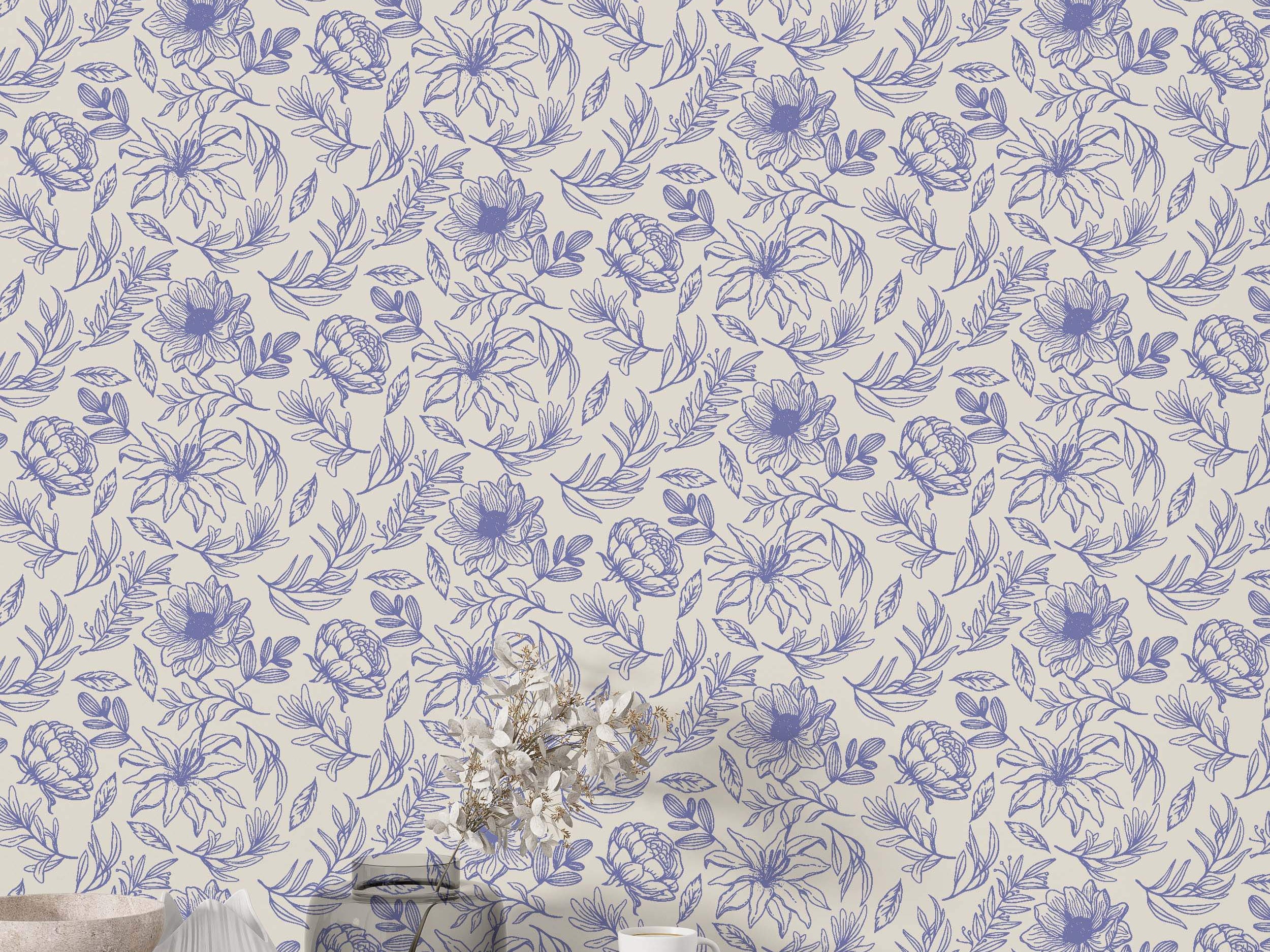 Wallpaper featuring a detailed floral line drawing pattern with purple flowers and leaves scattered across a light beige background.