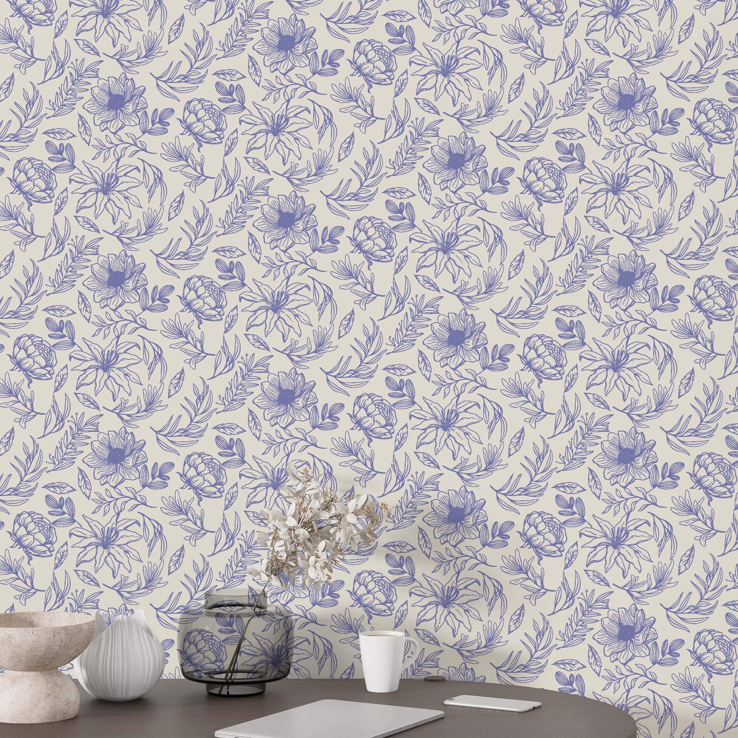 Wallpaper featuring a detailed floral line drawing pattern with purple flowers and leaves scattered across a light beige background.