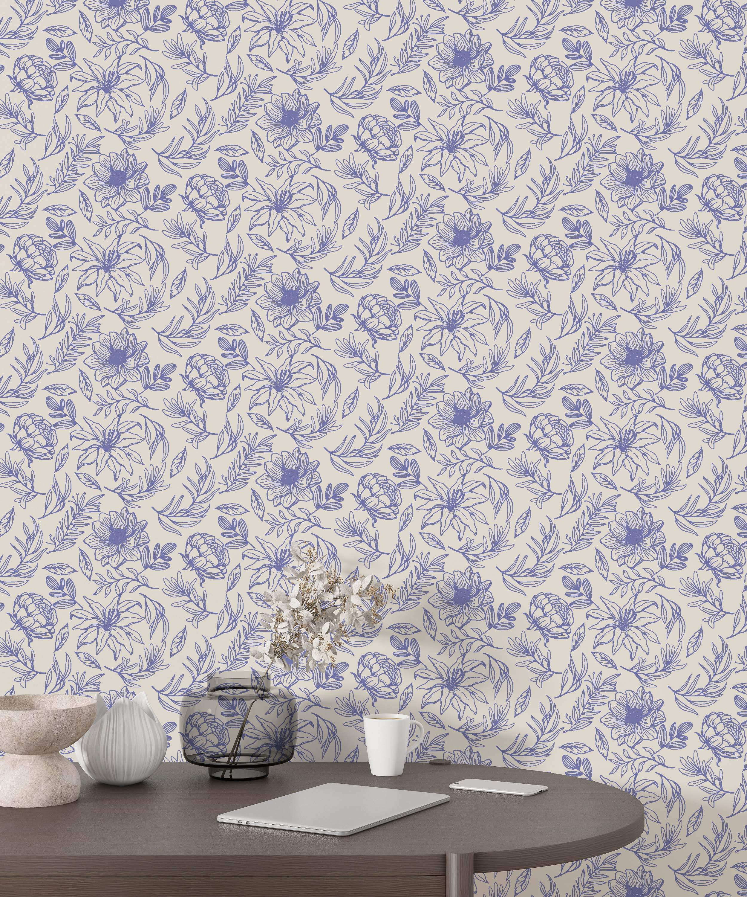 Wallpaper featuring a detailed floral line drawing pattern with purple flowers and leaves scattered across a light beige background.