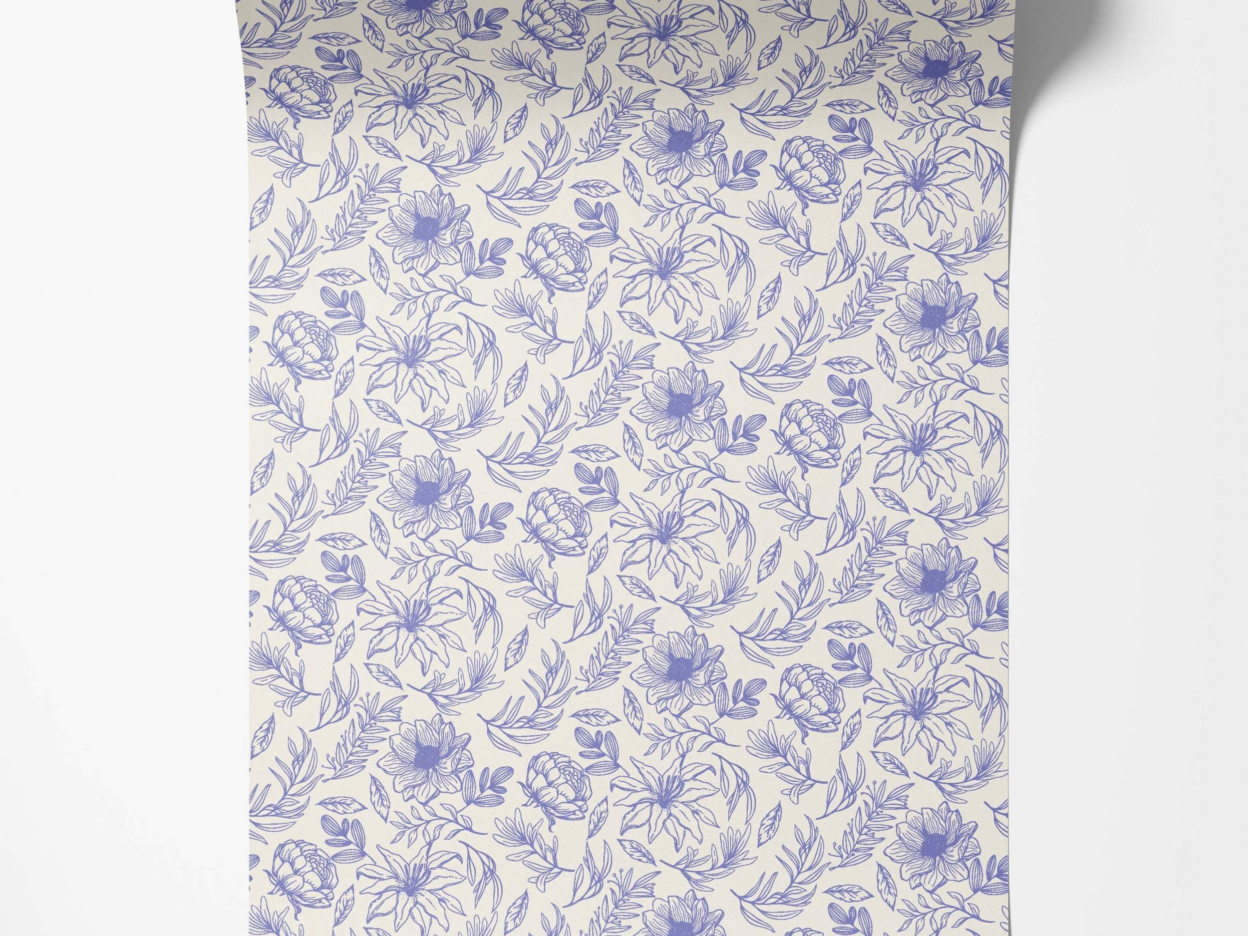 Wallpaper featuring a purple botanical line drawing pattern of flowers and leaves on a cream background.