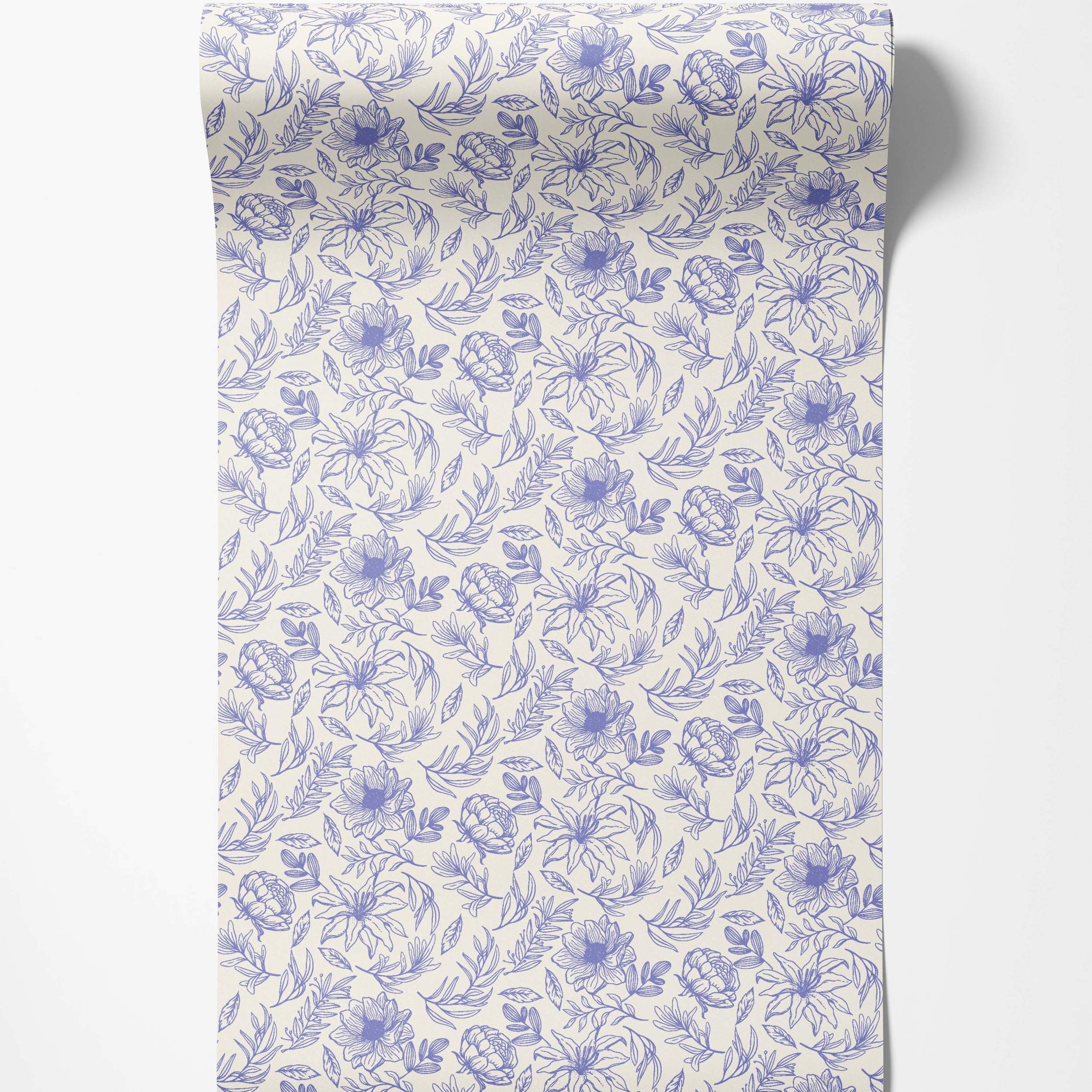 Wallpaper featuring a purple botanical line drawing pattern of flowers and leaves on a cream background.