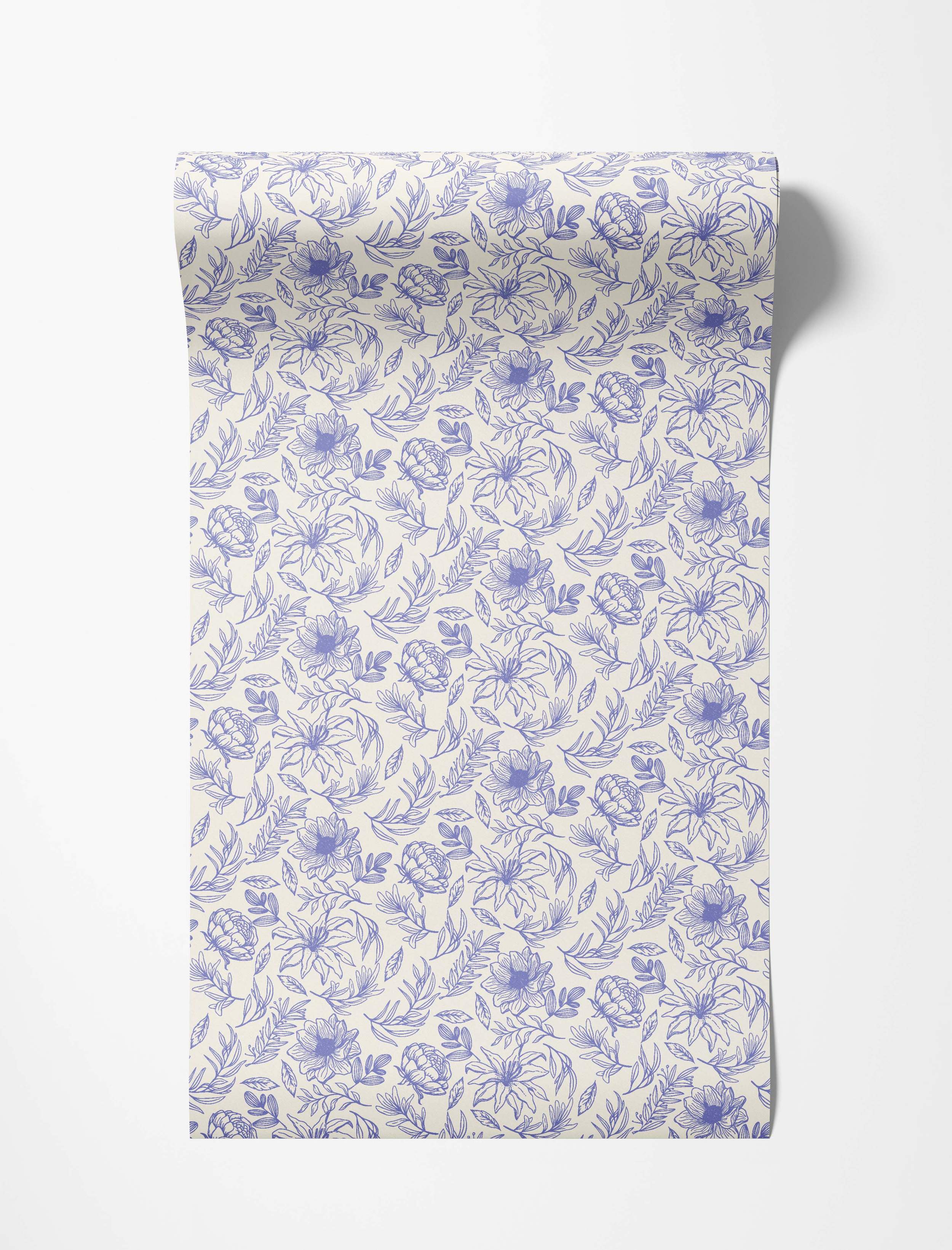 Wallpaper featuring a purple botanical line drawing pattern of flowers and leaves on a cream background.