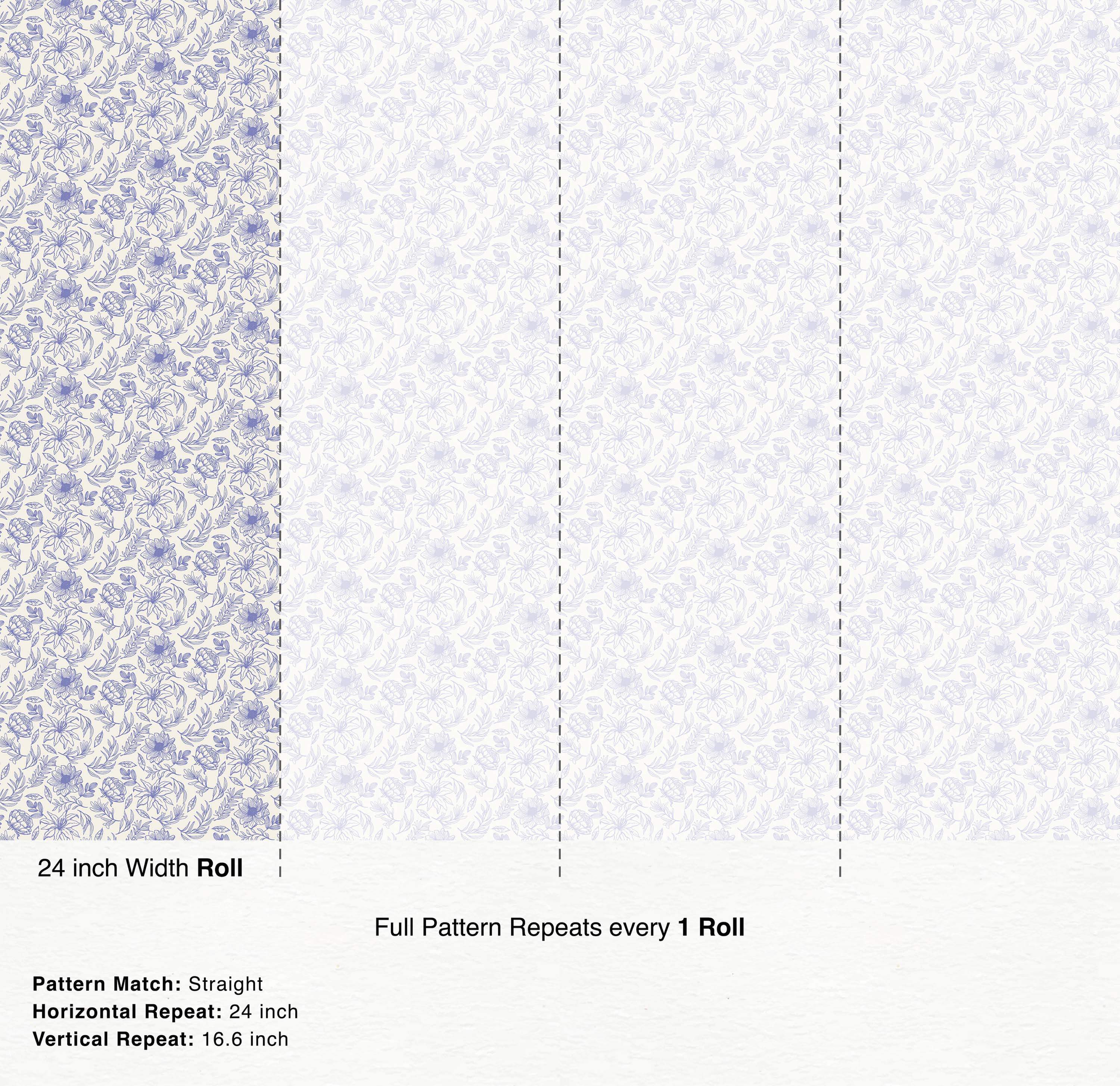 Wallpaper featuring a purple floral line drawing pattern on a cream background.