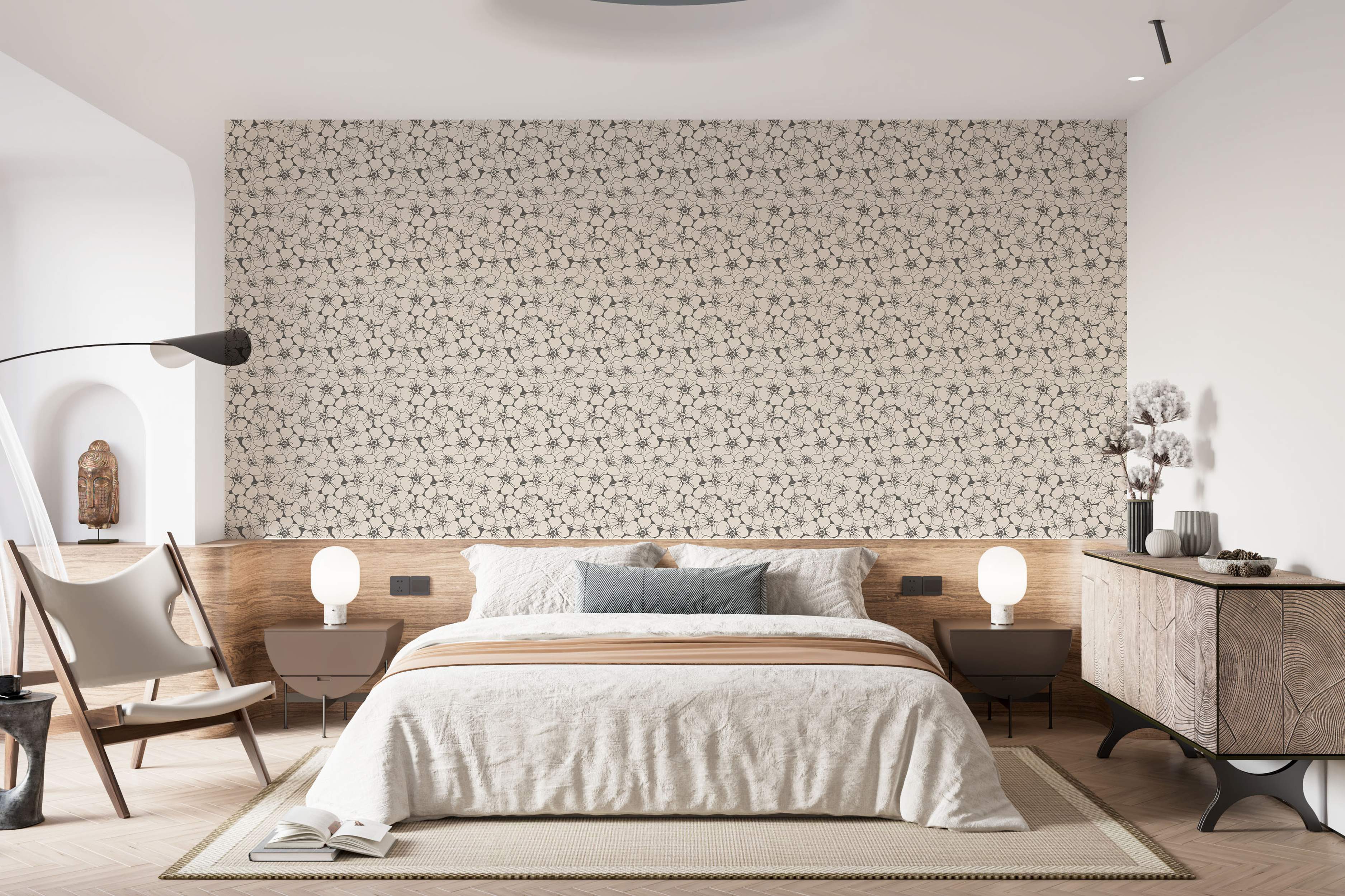 Wallpaper featuring a dense repeating pattern of stylized black line art flowers on a light beige background.