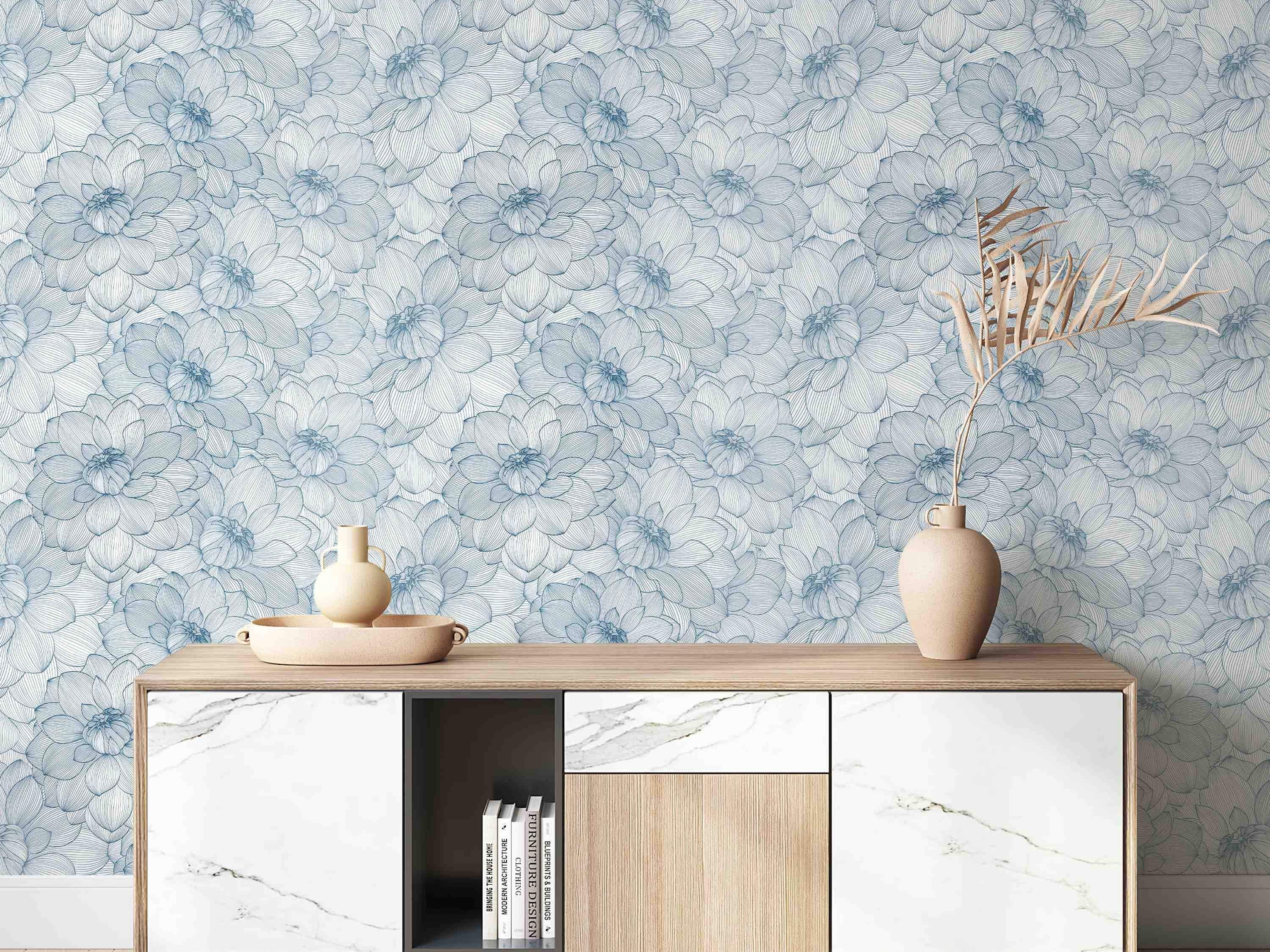 Wallpaper features a dense pattern of large dahlia flowers rendered in delicate blue line art on a white background.