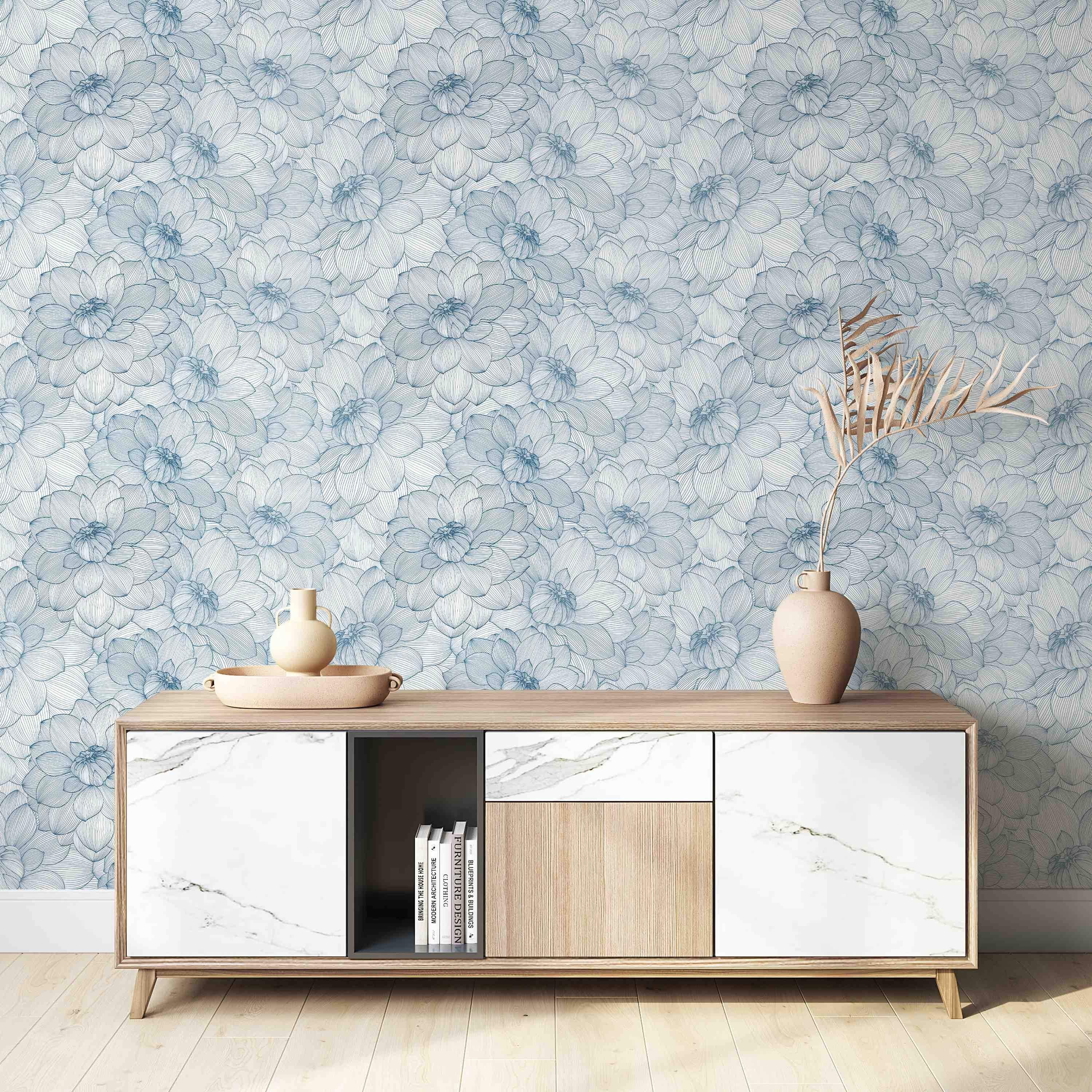 Wallpaper features a dense pattern of large dahlia flowers rendered in delicate blue line art on a white background.