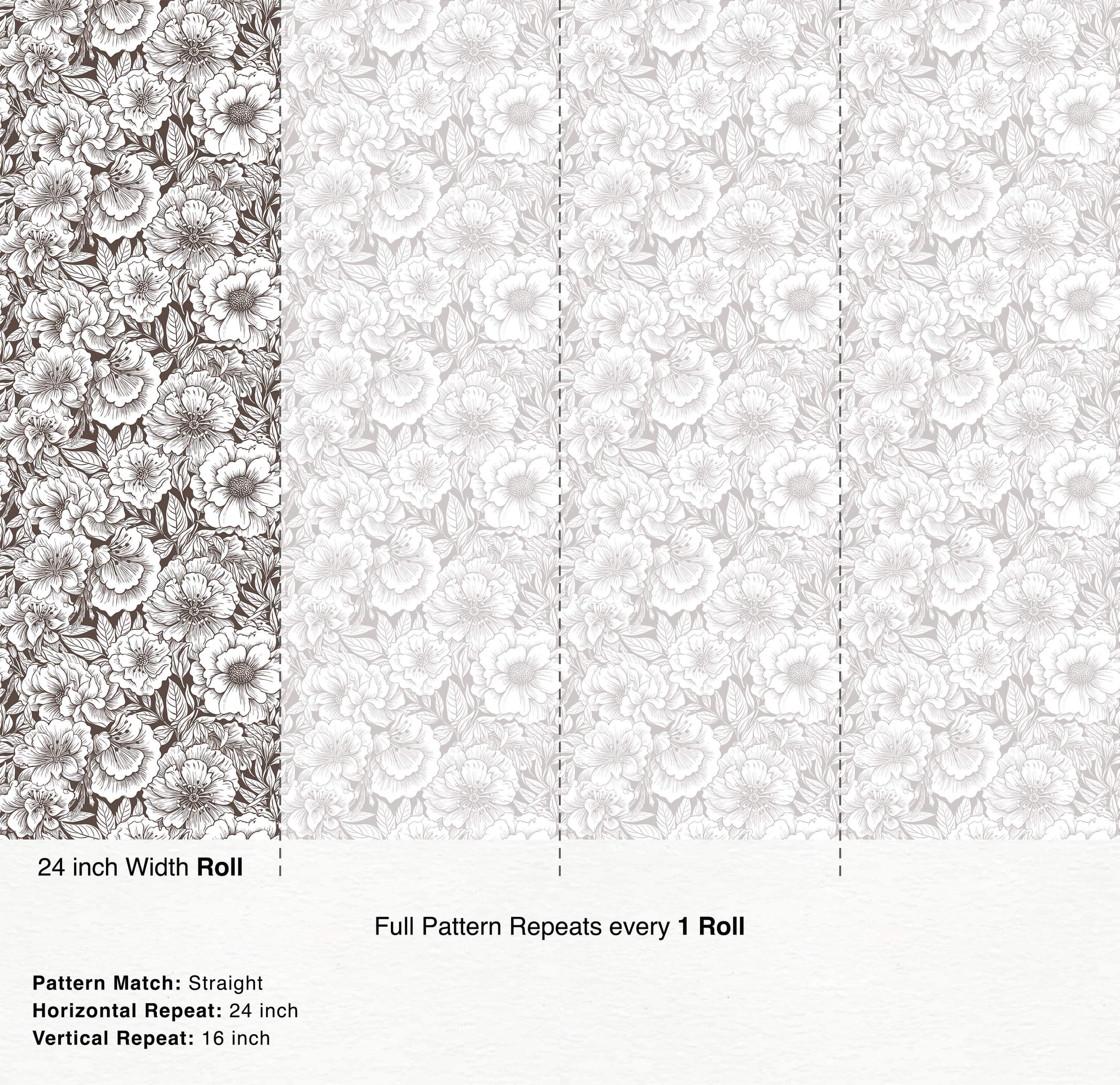 Detailed floral line art wallpaper featuring large blooms and leaves in dark brown on a light gray background.