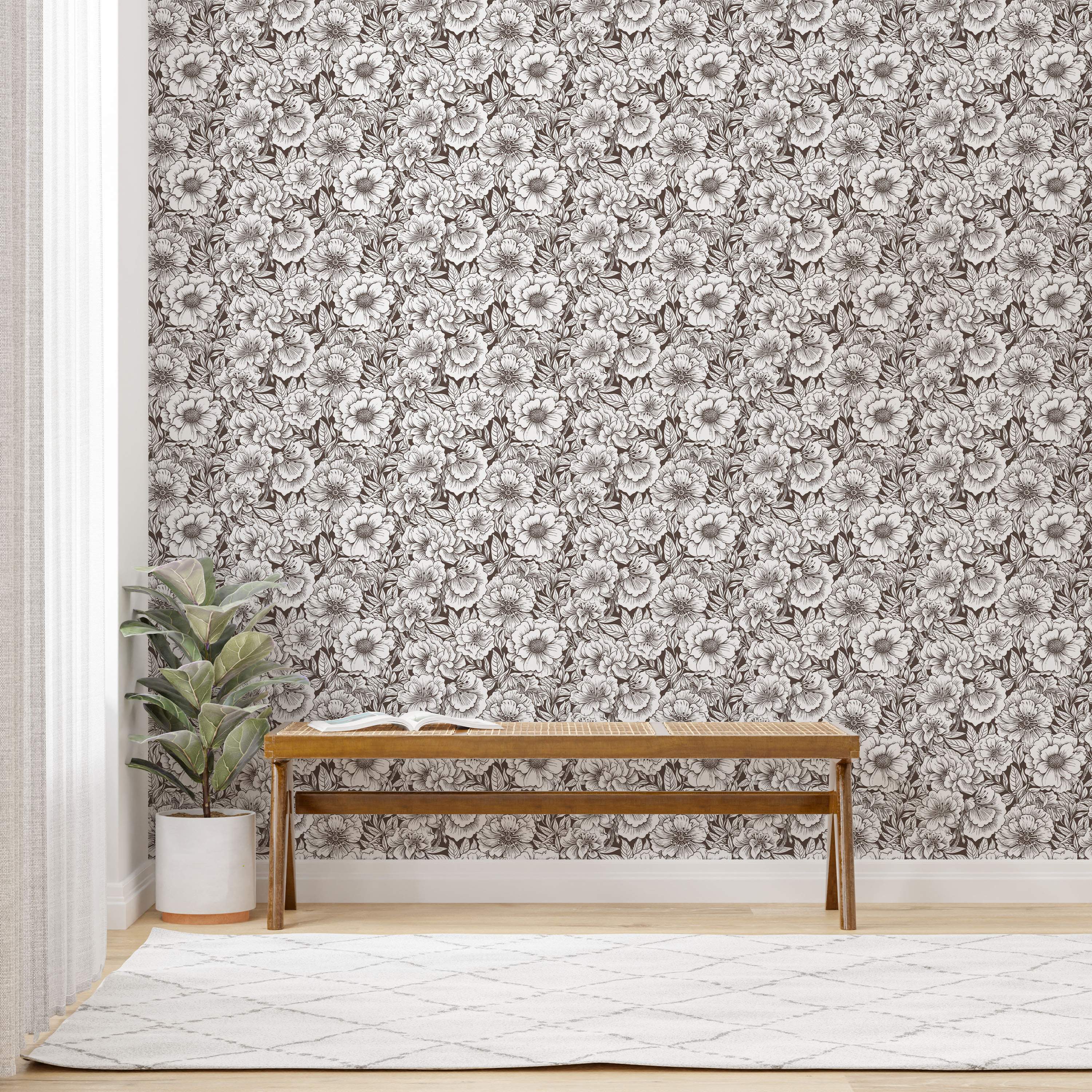 Dense floral wallpaper featuring intricate brown line art of large white flowers and leaves over a dark brown background.