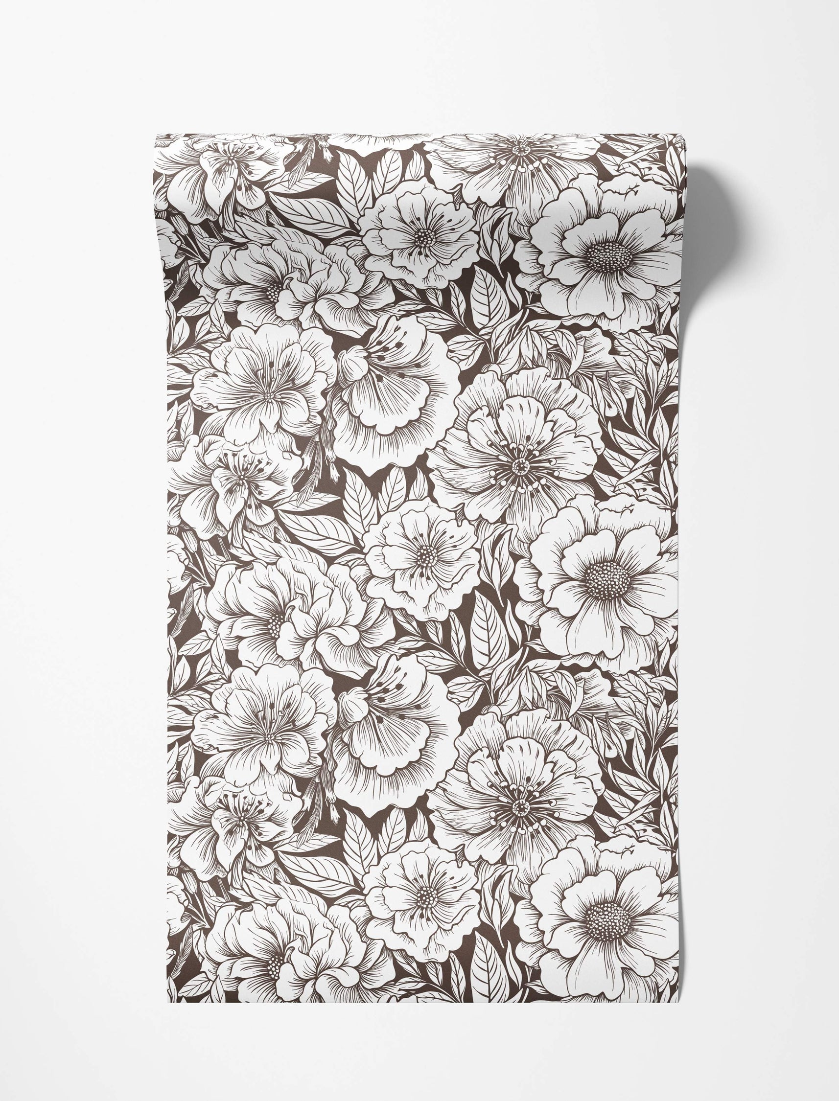 Wallpaper featuring large white flowers detailed with brown line art against a dark brown background.