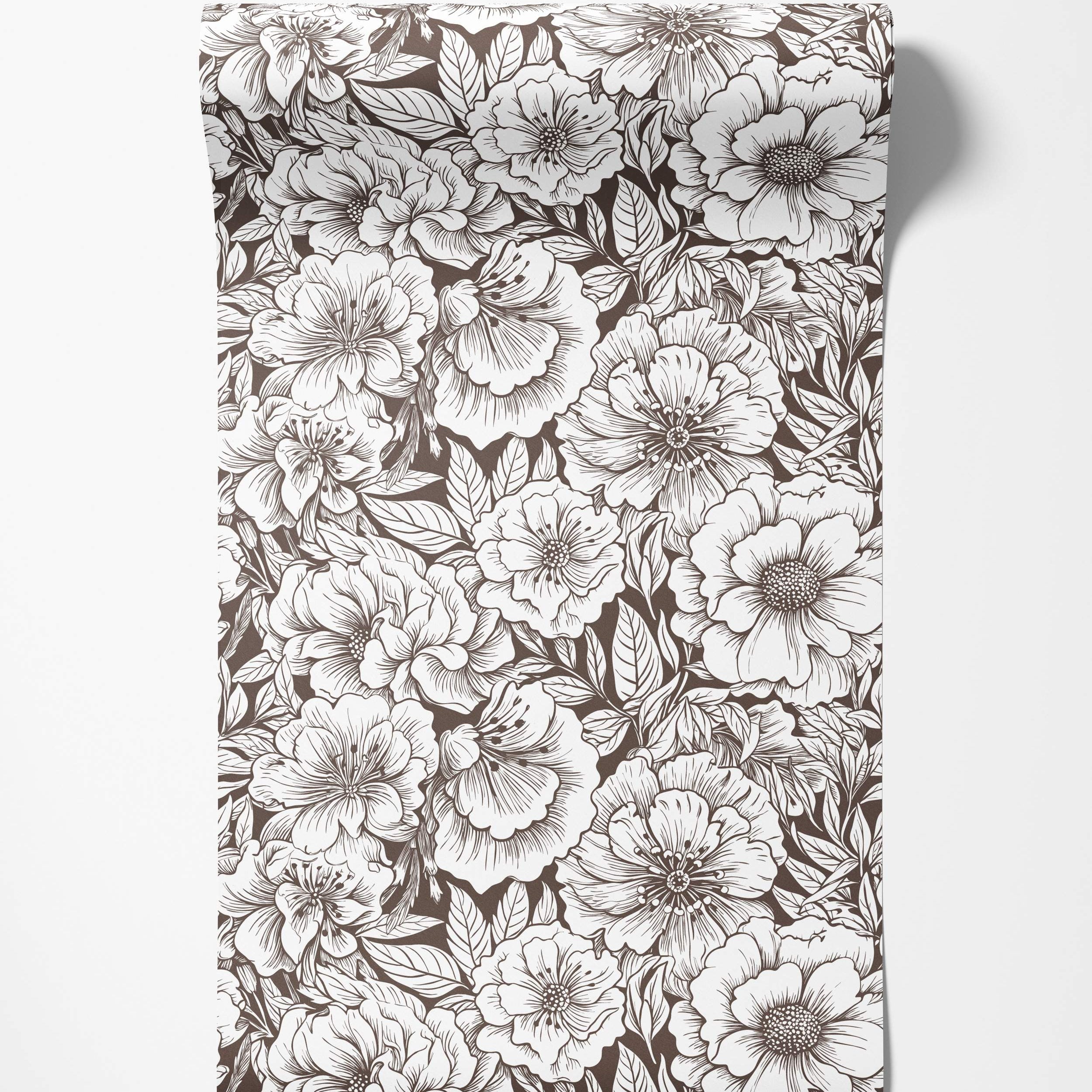 Wallpaper featuring large white flowers detailed with brown line art against a dark brown background.