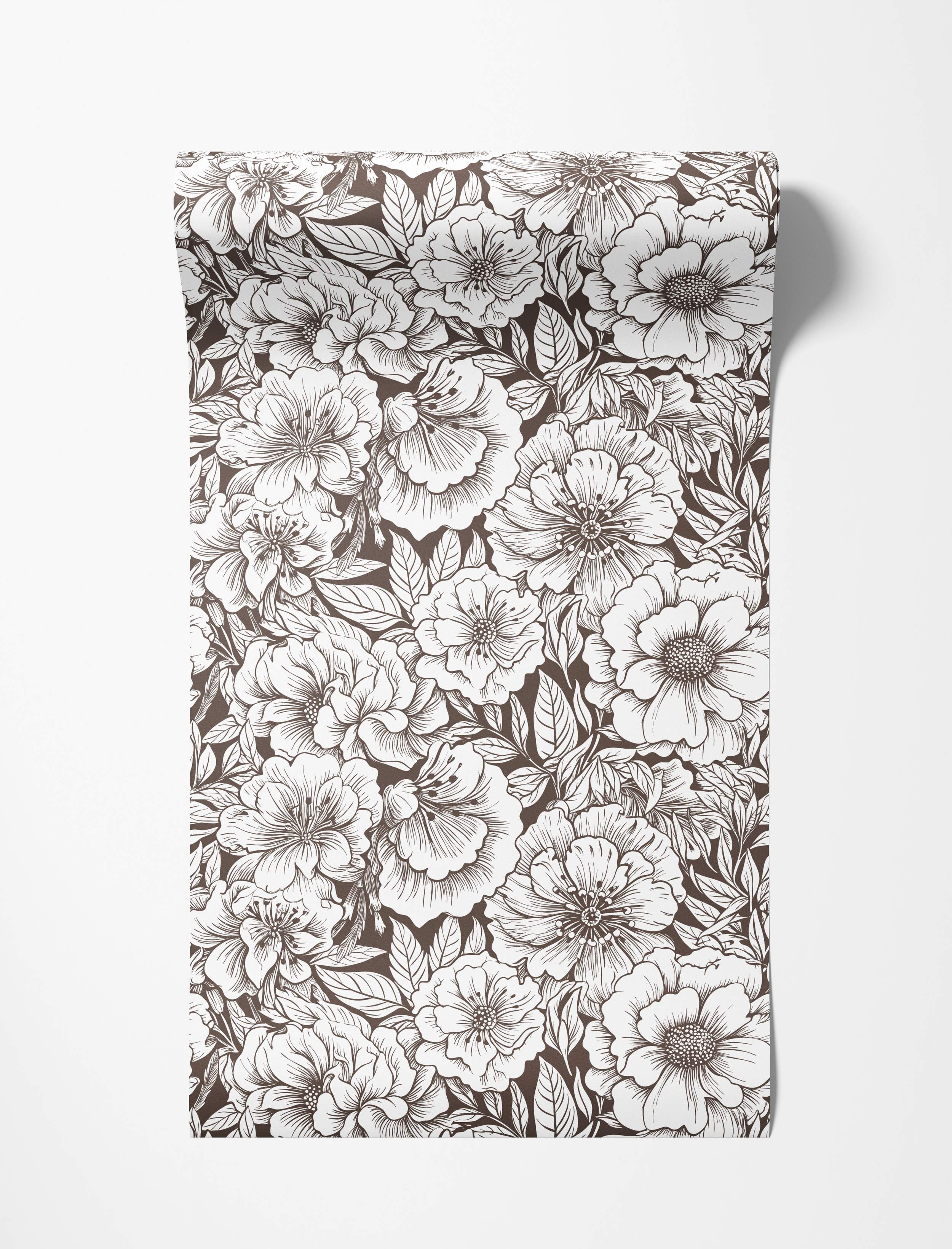 Wallpaper featuring large white flowers detailed with brown line art against a dark brown background.