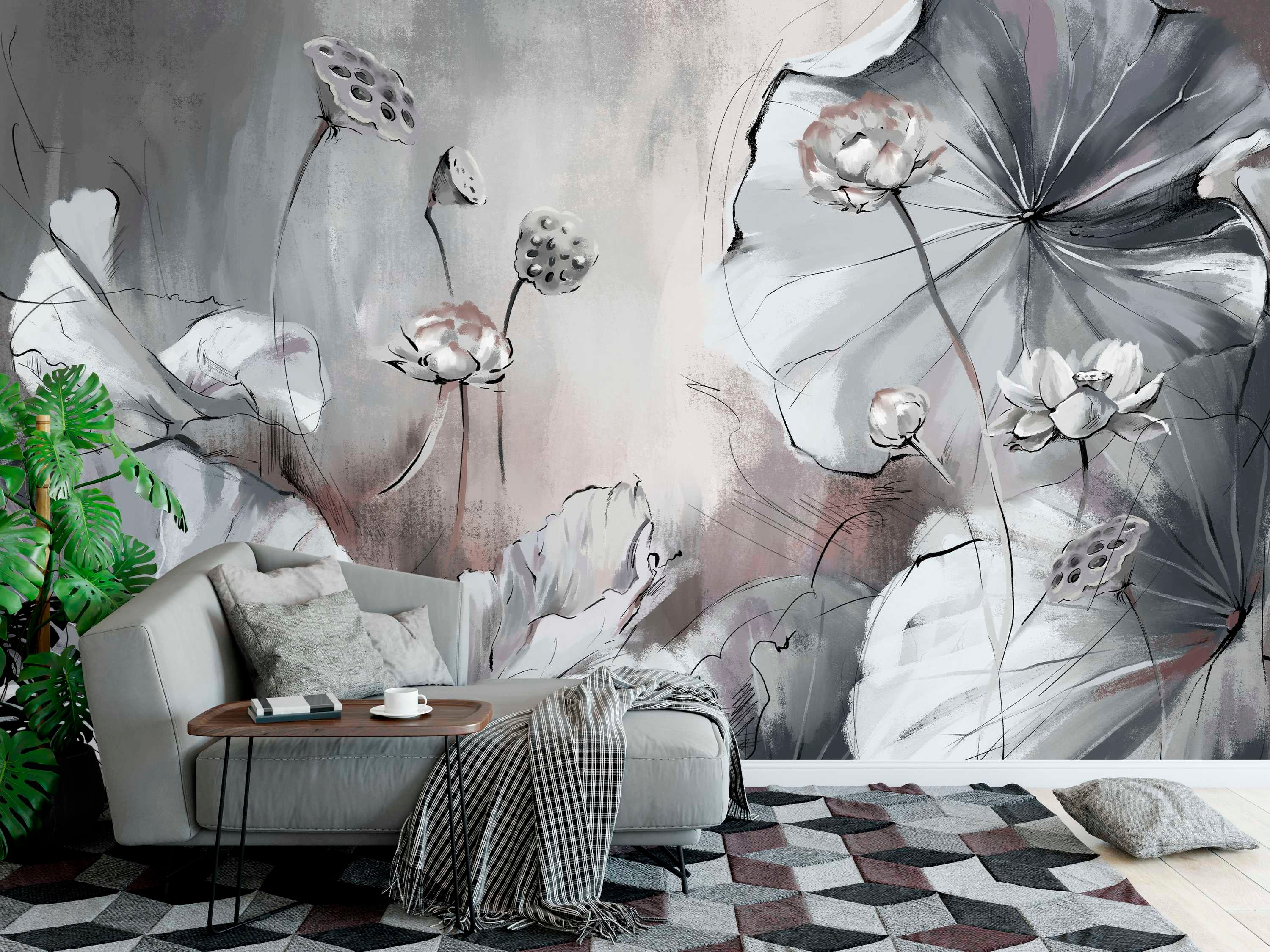 Artistic mural depicting large gray and white lotus flowers, leaves, and seed pods with sketchy black lines and soft pink accents.