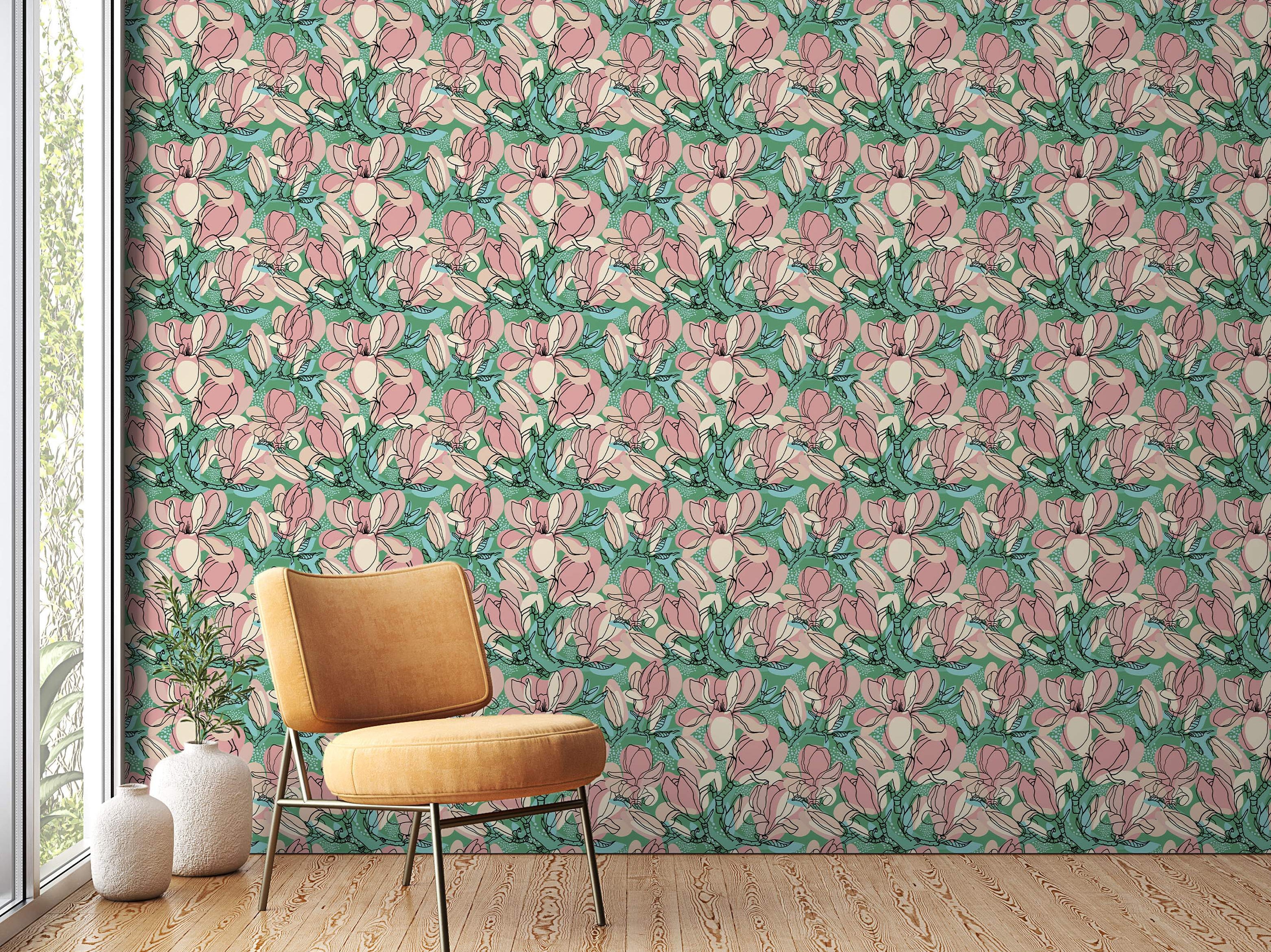 Wallpaper featuring illustrative pink and cream magnolia flowers with black outlines, on an abstract green and blue background.