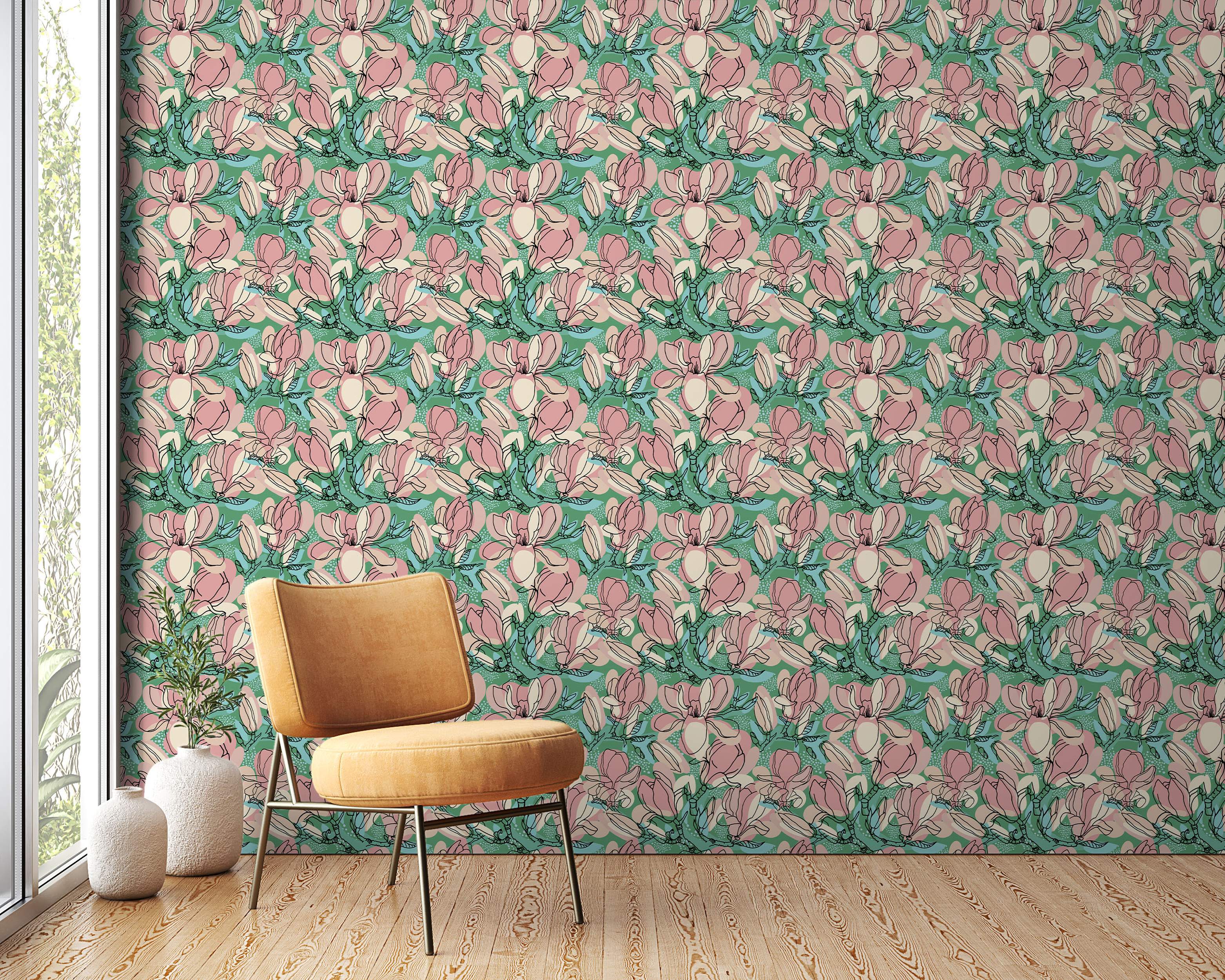 Wallpaper featuring illustrative pink and cream magnolia flowers with black outlines, on an abstract green and blue background.