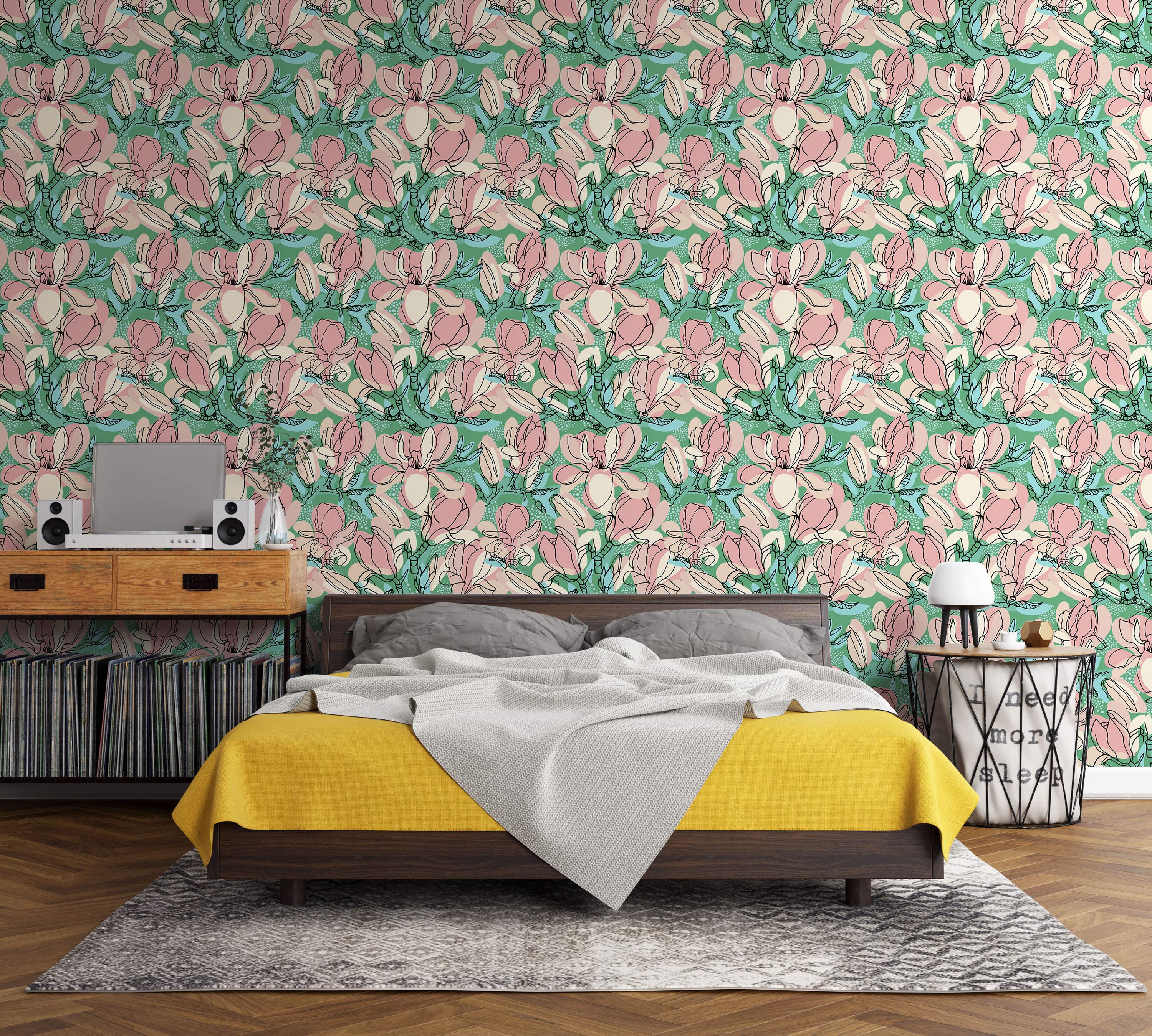 Stylized line art magnolia wallpaper with pink and cream flowers on a green background with light blue accents.