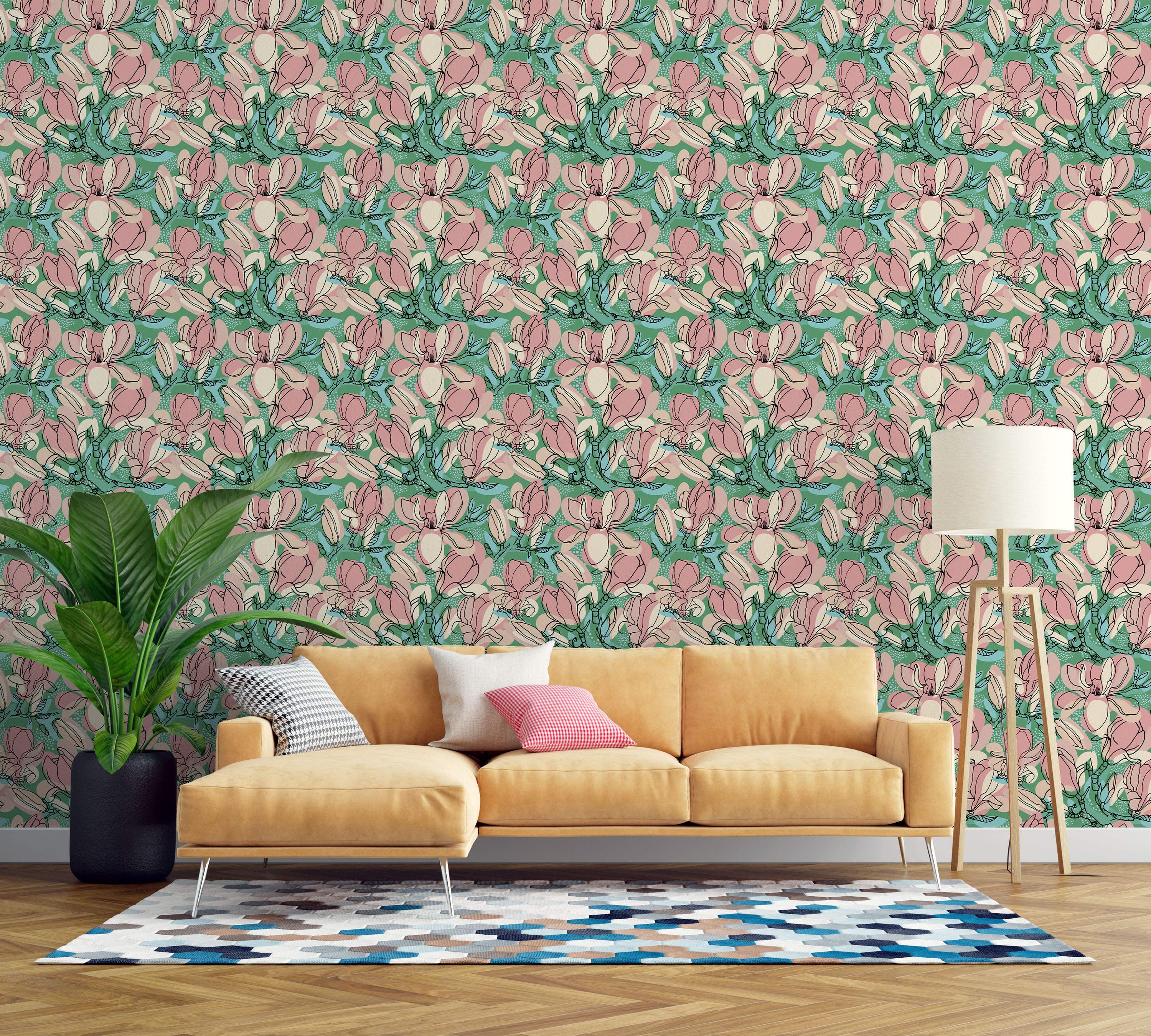 Sketch-style floral wallpaper with pink and cream magnolias and buds outlined in black on a green and light blue background.