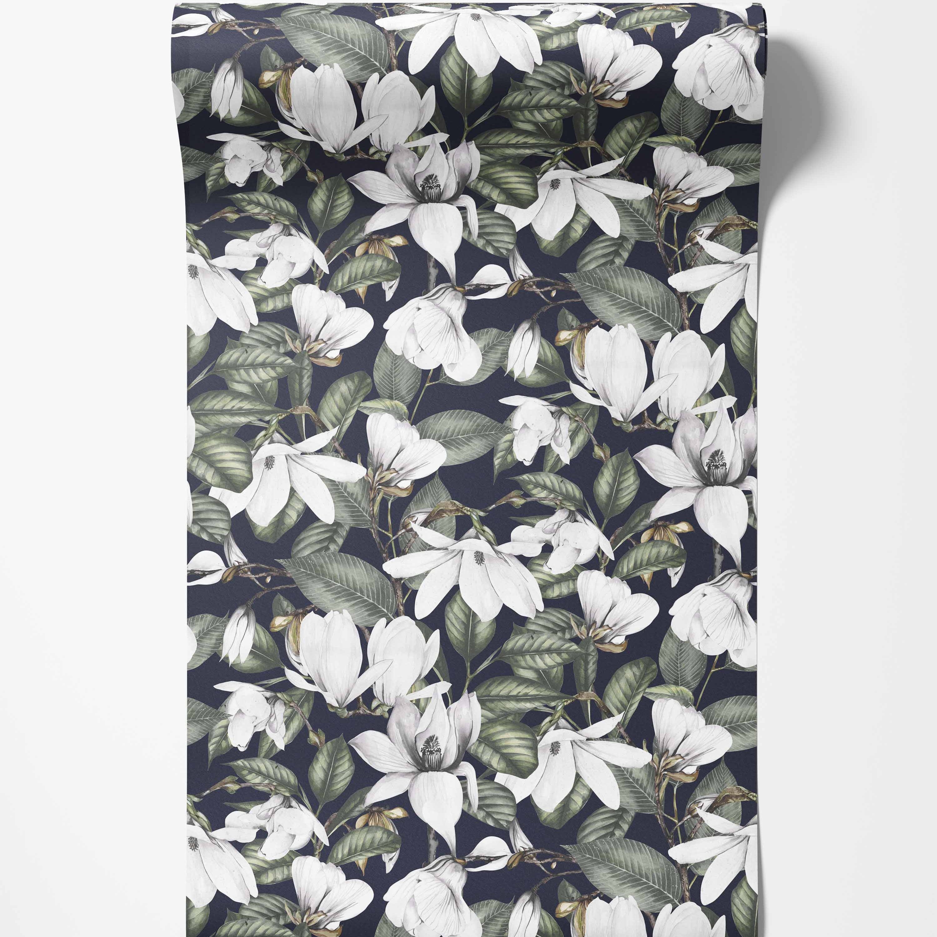Wallpaper featuring illustrated white magnolia flowers and green leaves on a dark background.