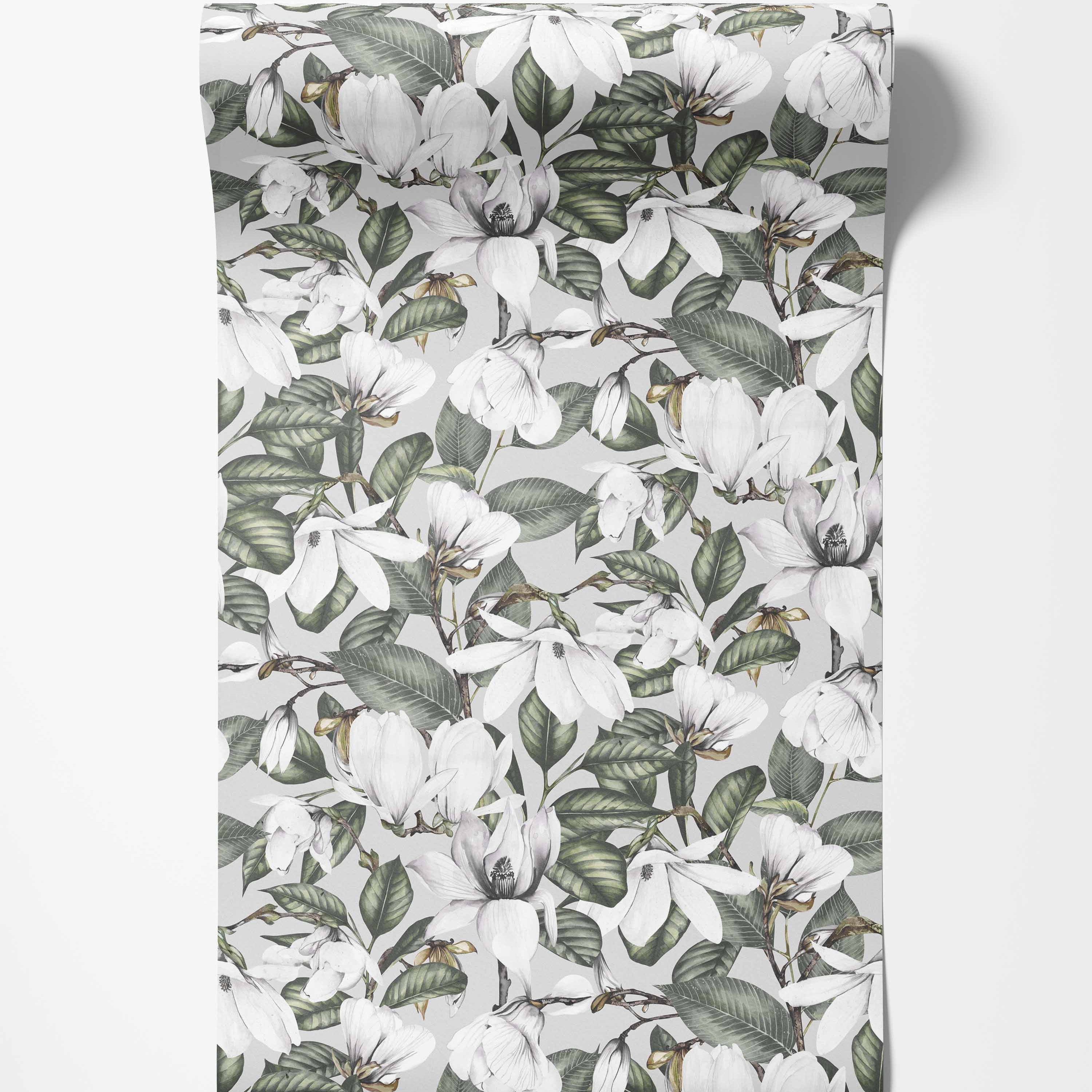 Wallpaper featuring illustrated white magnolia blooms and green leaves against a light gray backdrop.