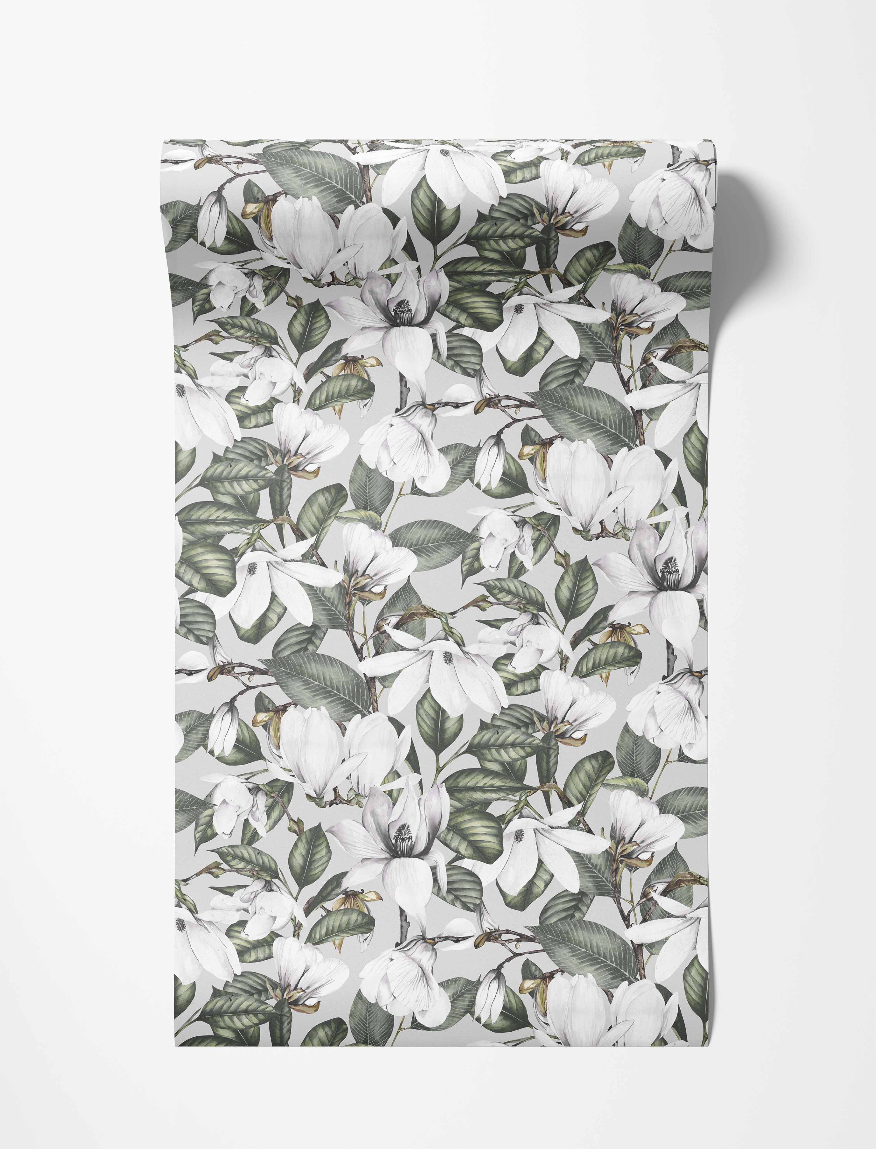 Wallpaper featuring illustrated white magnolia blooms and green leaves against a light gray backdrop.