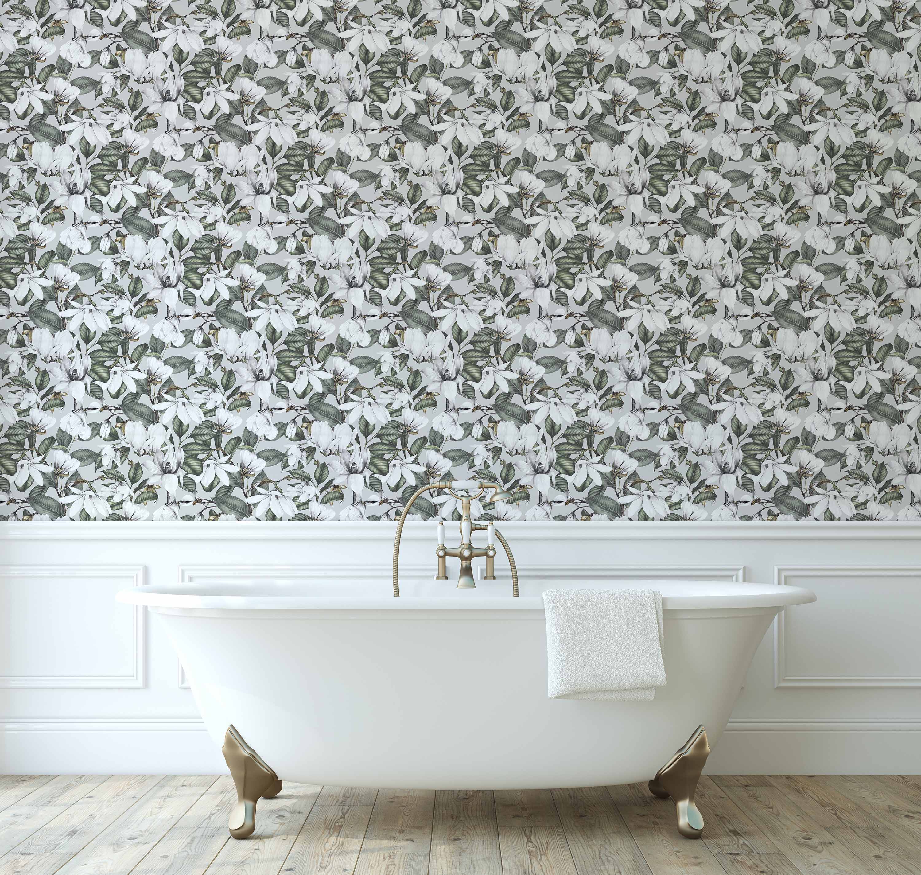 Botanical wallpaper with detailed white magnolia blossoms and green leaves scattered across a soft grey background.