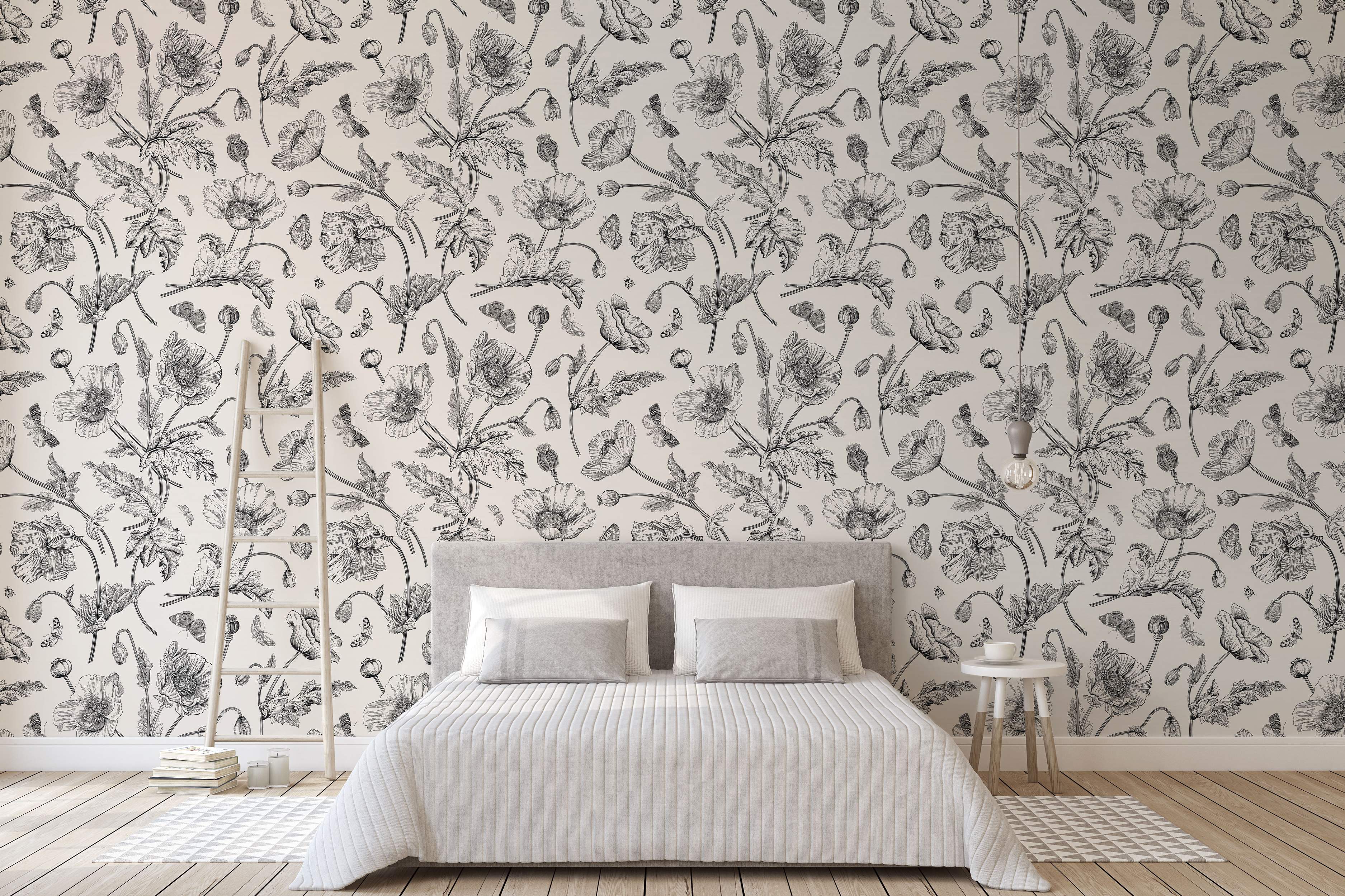 Monochrome botanical floral wallpaper with intricate flower patterns.