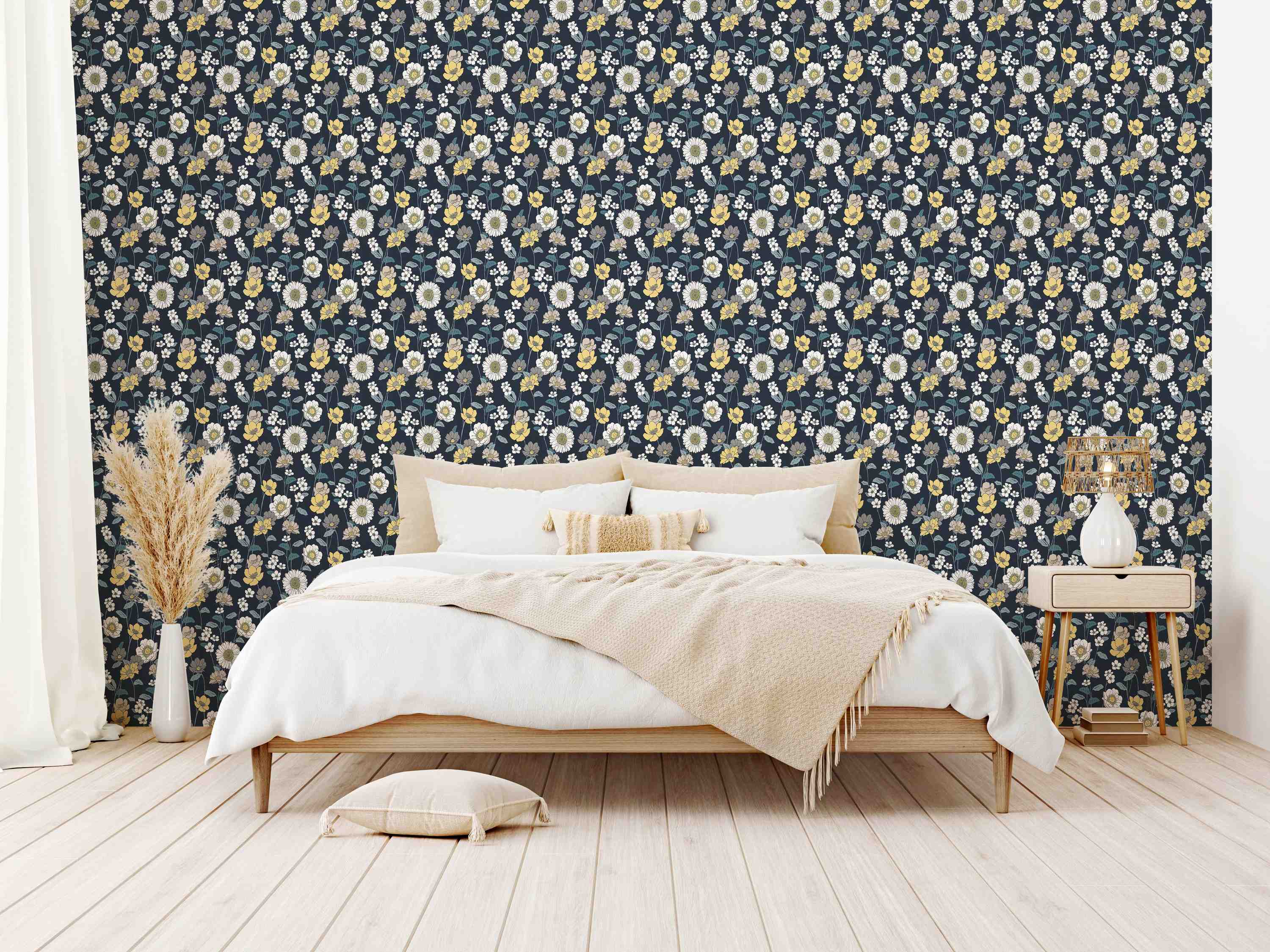 Wallpaper featuring a dense floral pattern with yellow, white, and grey flowers on a dark navy blue background.