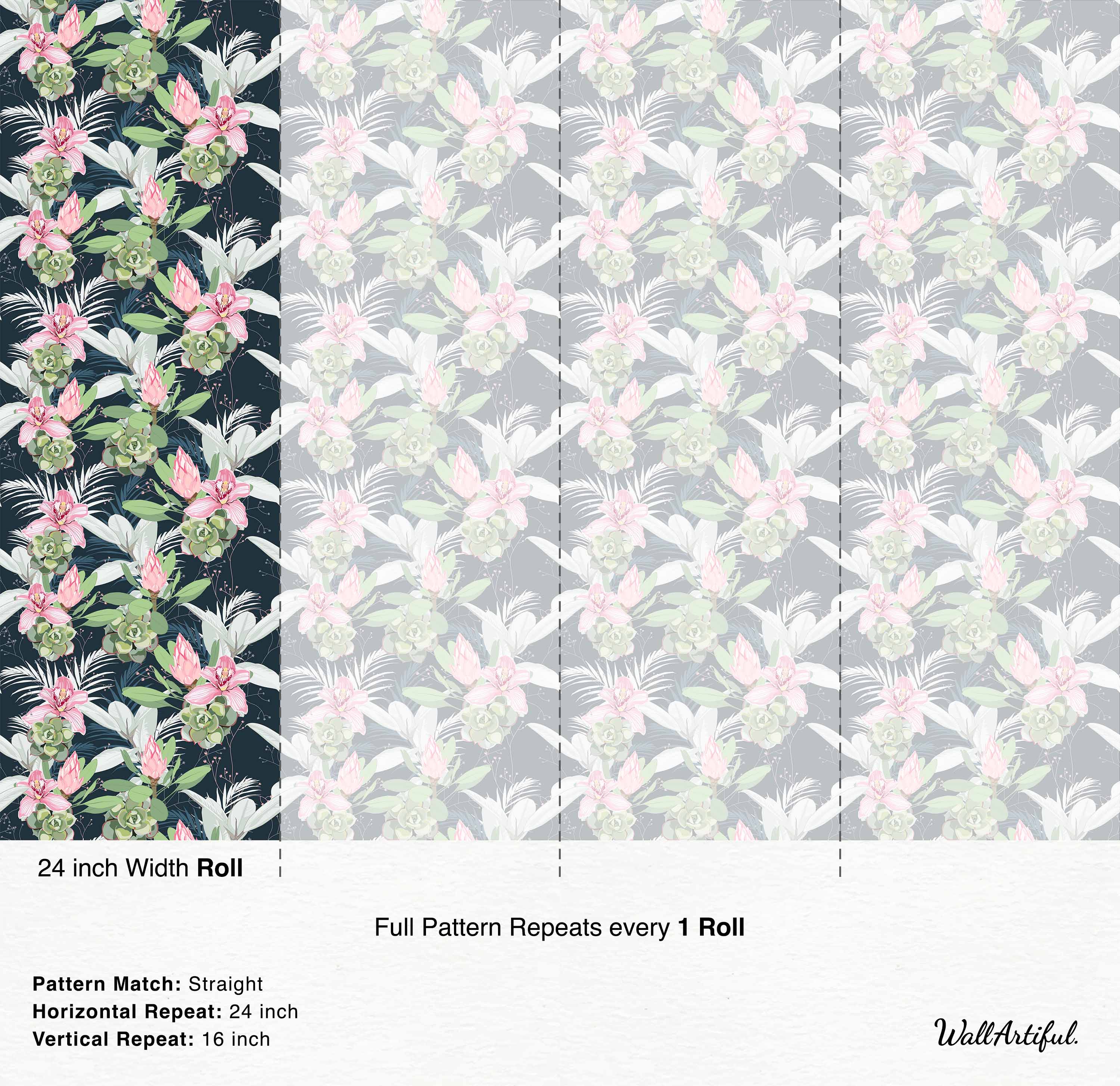 Wallpaper features a repeating tropical pattern of pink orchids, green succulents, and various leaves on a dark blue background.