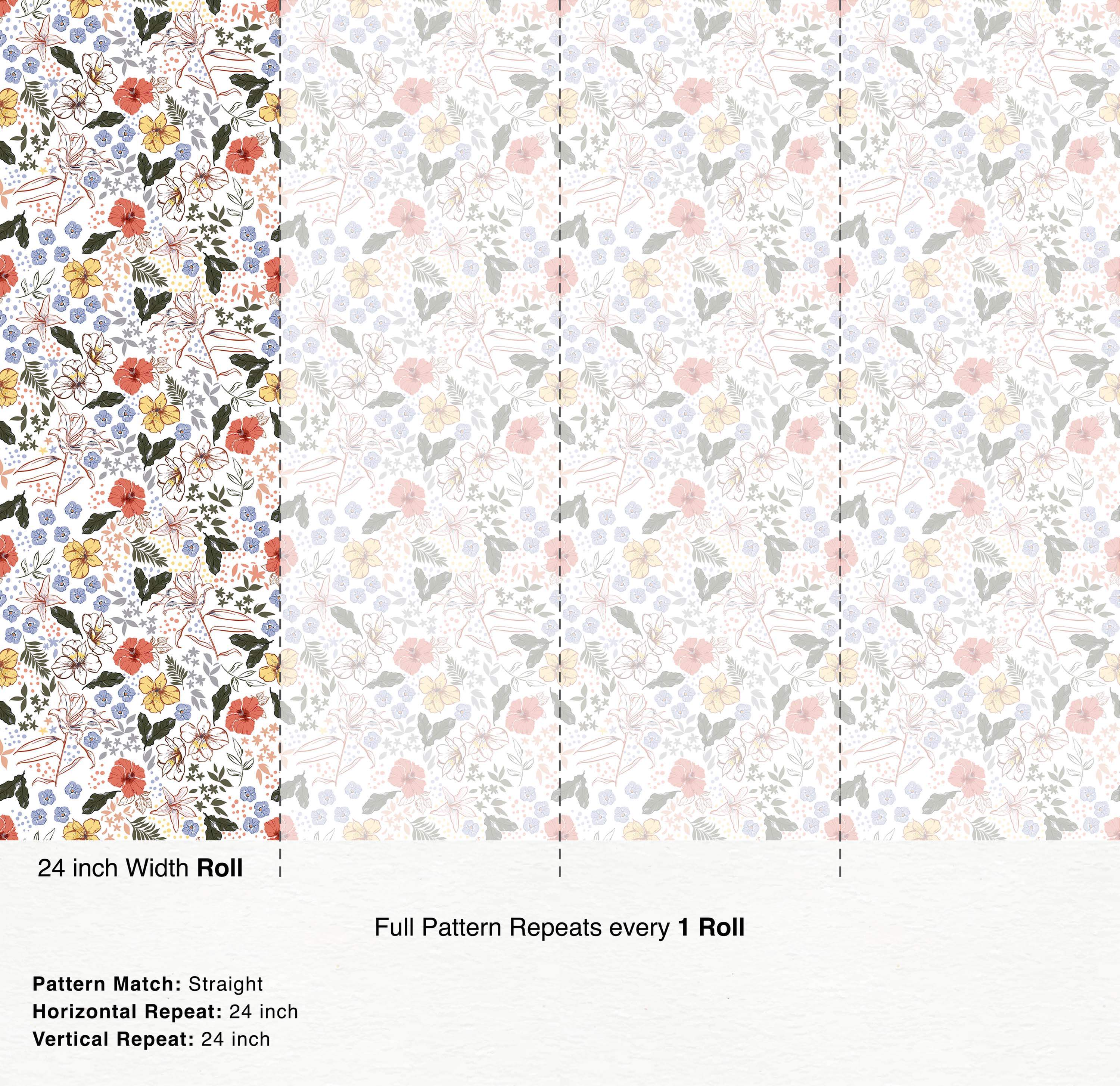 Illustrative floral wallpaper with outlined and filled flowers in coral, yellow, and light blue, plus green leaves on white.