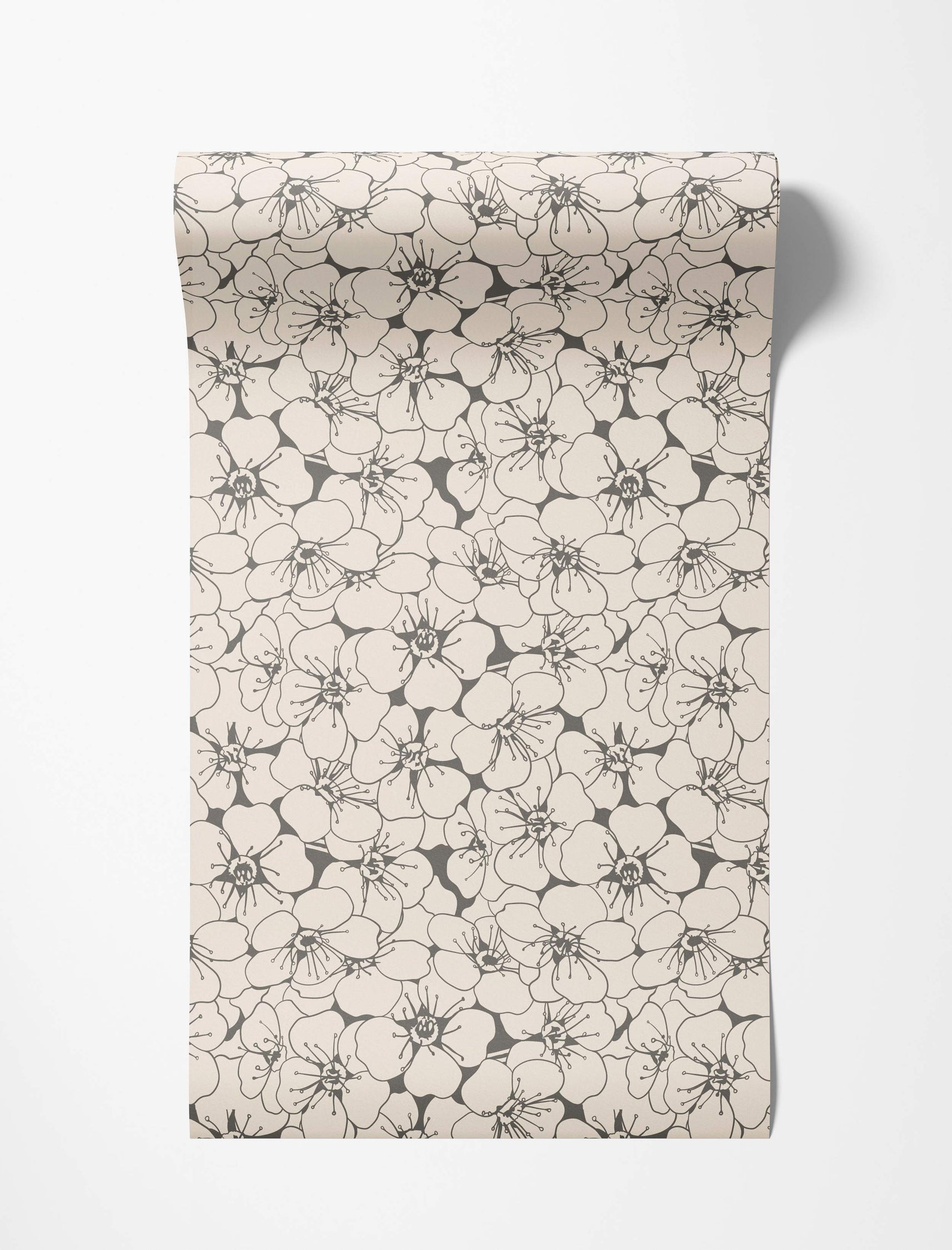 Wallpaper featuring a repeating pattern of outlined flowers in dark gray on a light beige background.