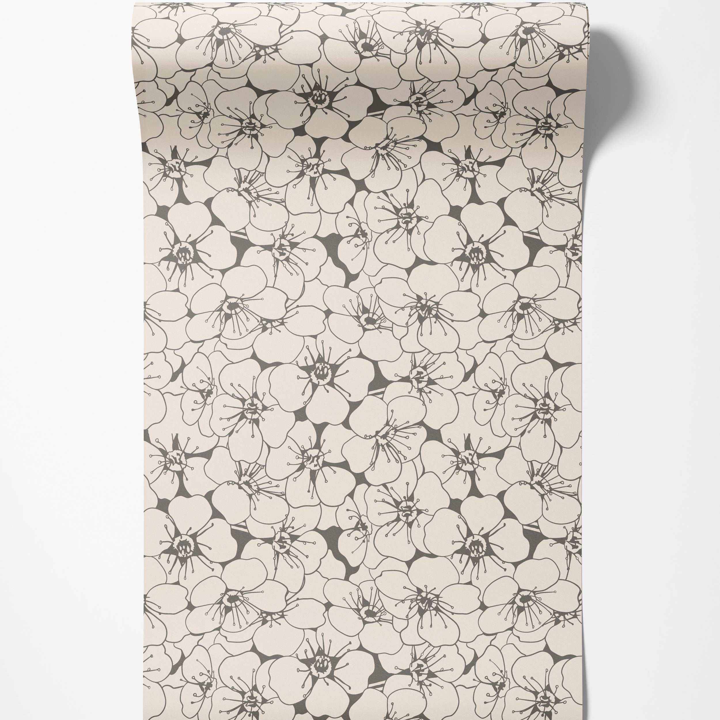 Wallpaper featuring a repeating pattern of outlined flowers in dark gray on a light beige background.