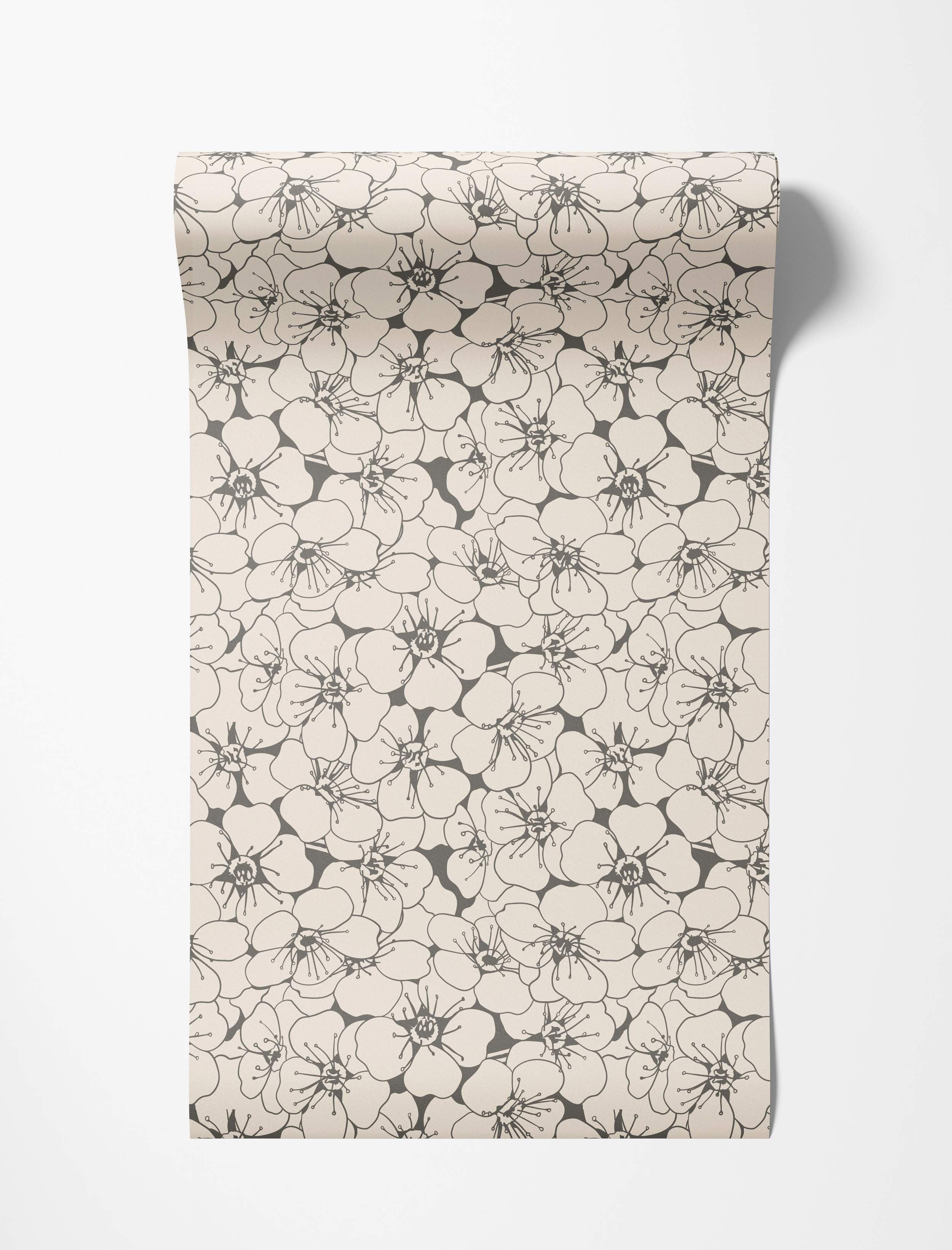 Wallpaper featuring a repeating pattern of outlined flowers in dark gray on a light beige background.