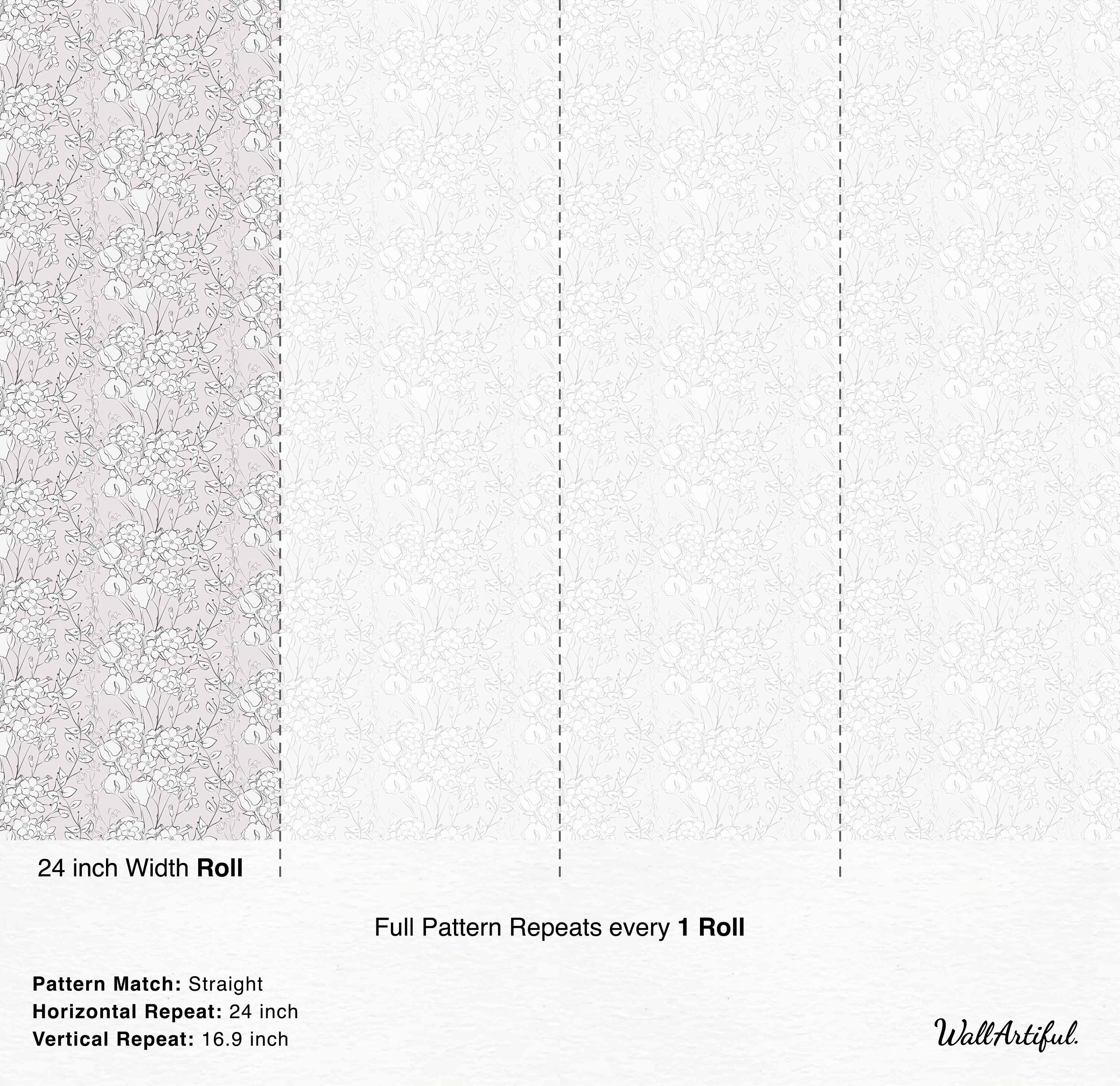 Wallpaper featuring a delicate floral outline pattern in dark gray on a subtle light mauve background.