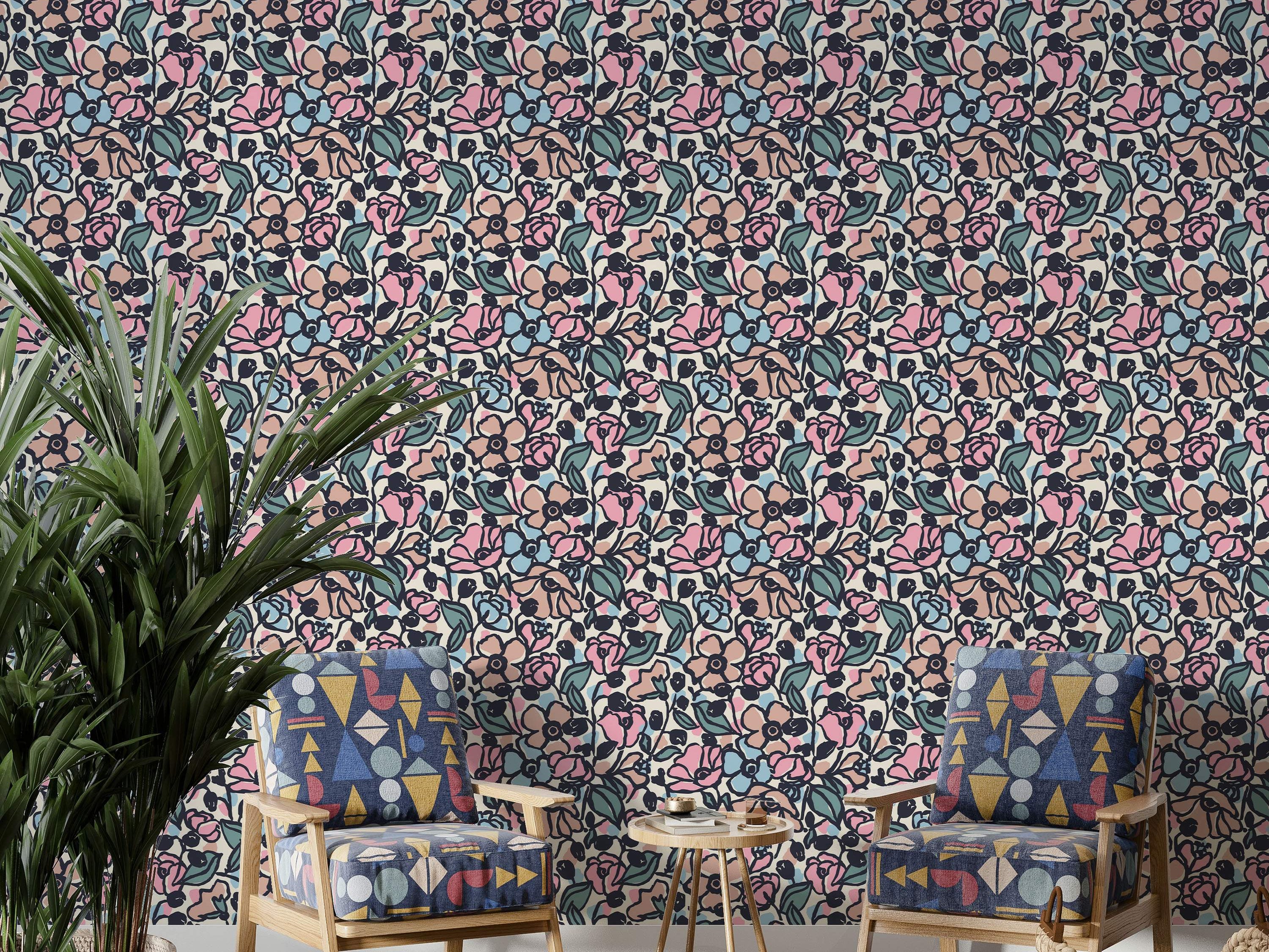 Stylized floral wallpaper with bold dark outlines featuring pink, light blue, tan, and green flowers and leaves on a cream ground.