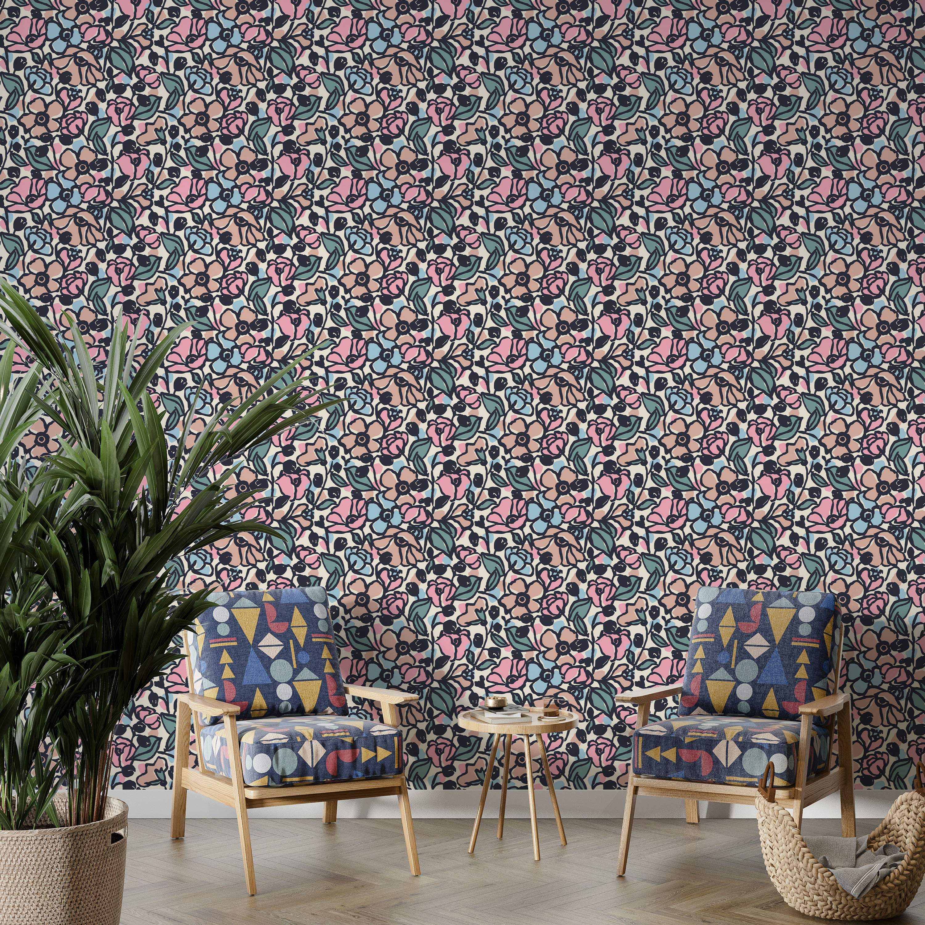 Stylized floral wallpaper with bold dark outlines featuring pink, light blue, tan, and green flowers and leaves on a cream ground.