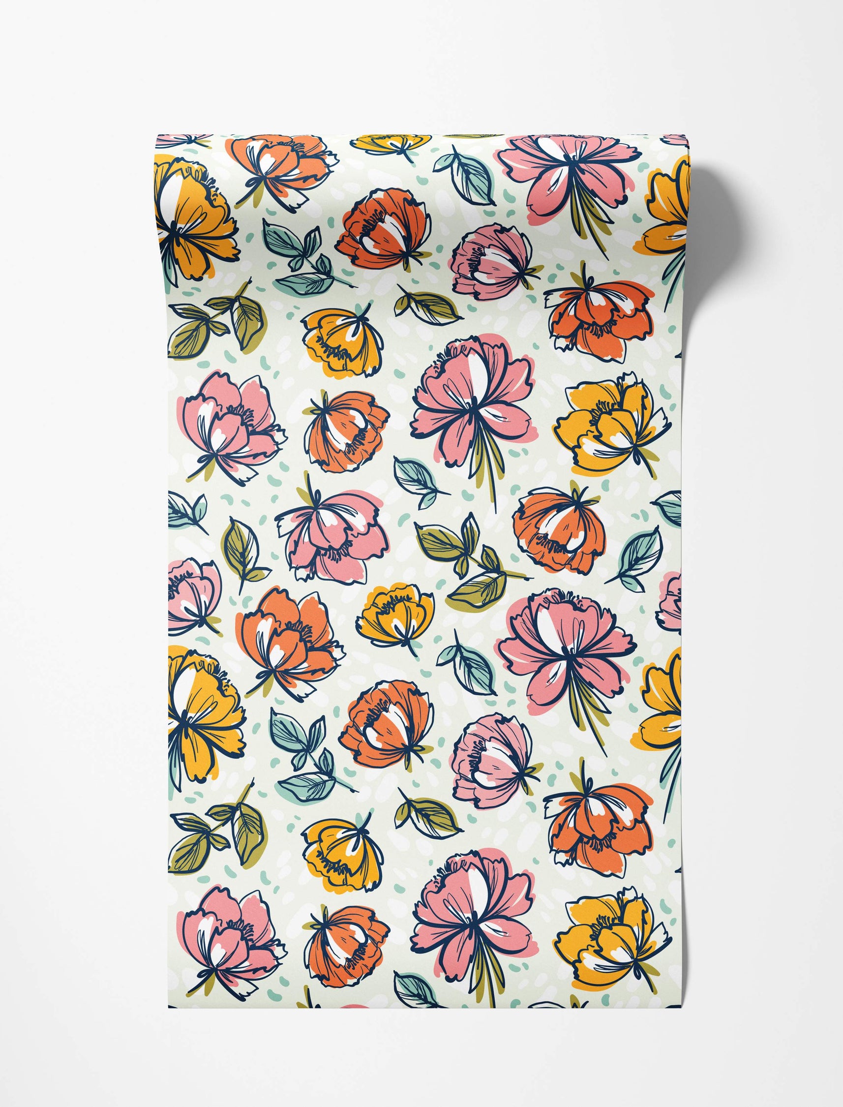 Stylized floral wallpaper with outlined flowers in pink, orange, and yellow, plus green leaves and teal dots on a light background.