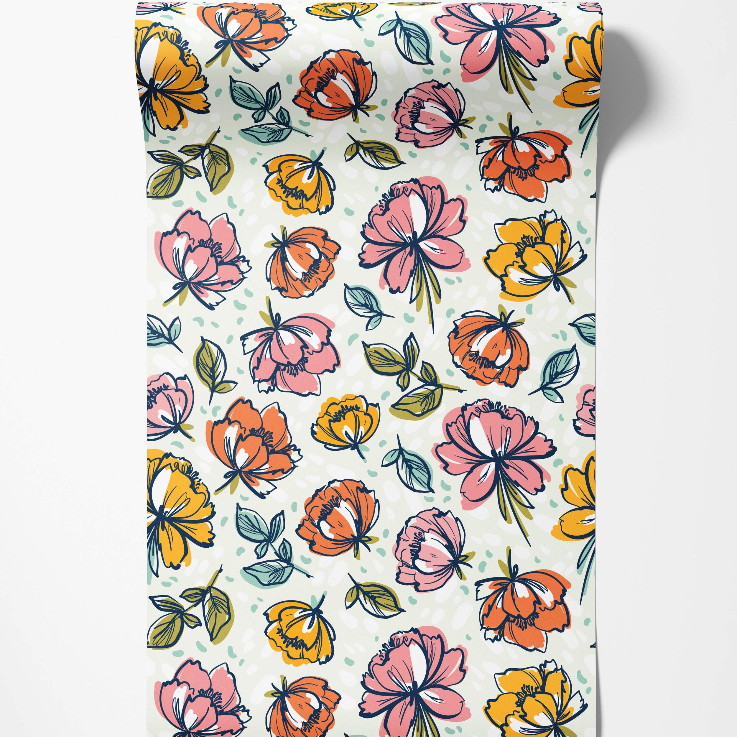 Stylized floral wallpaper with outlined flowers in pink, orange, and yellow, plus green leaves and teal dots on a light background.